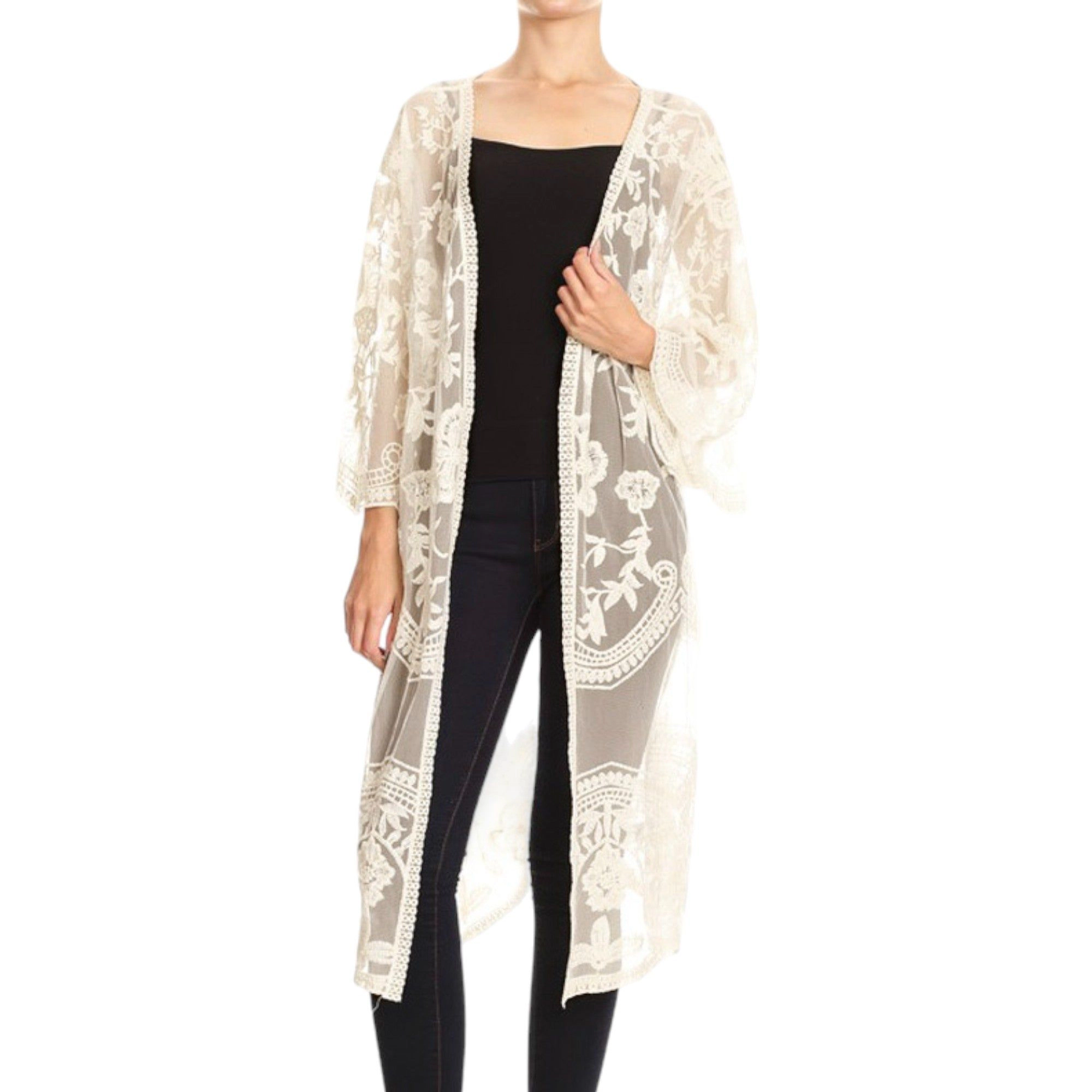 Anna-Kaci Women's Embroidered Floral Butterfly Crochet Drop Shoulder Cardigan