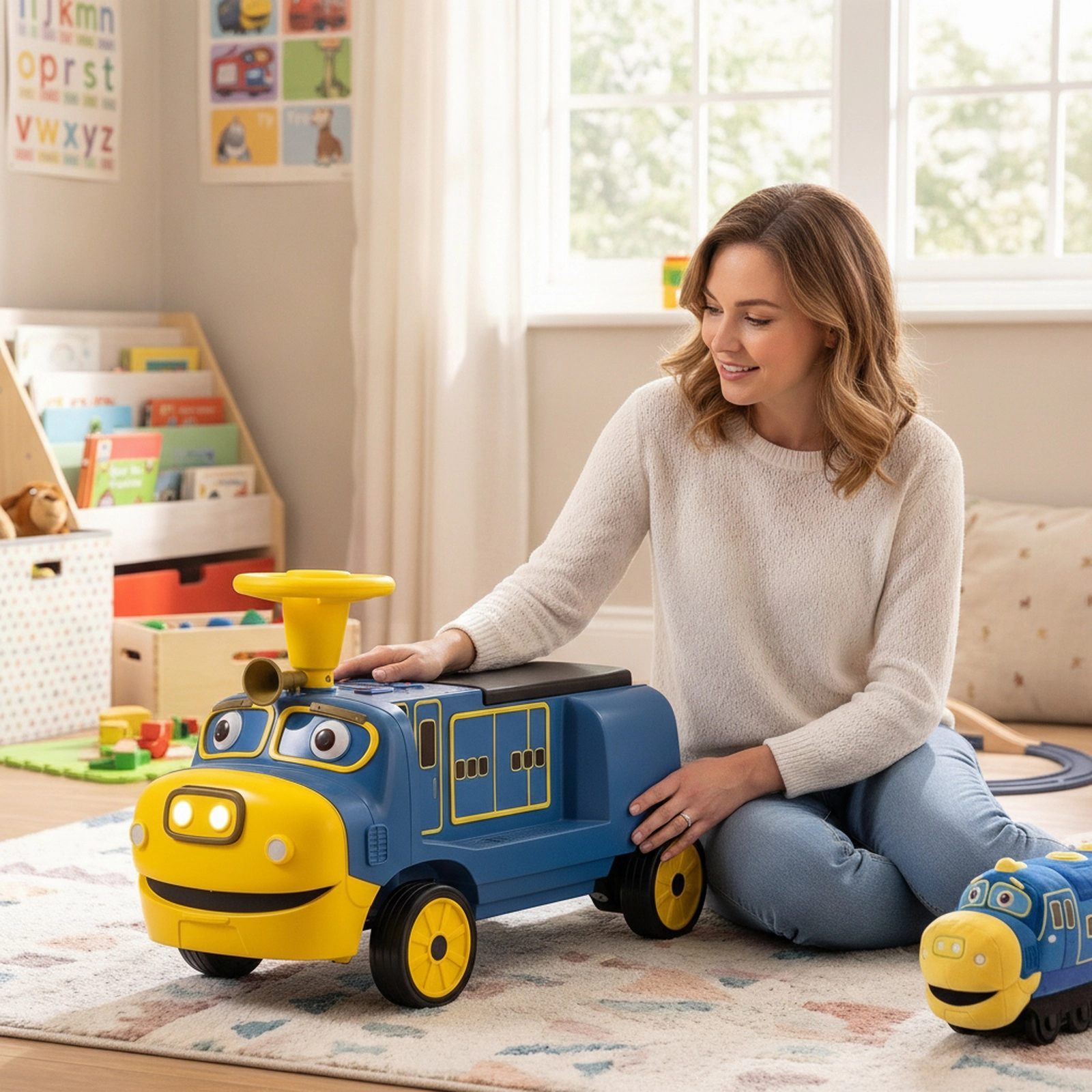 12V 2-Seater Kids Ride On Train Height Adjustable Rear Seat Hidden Storage Compartment Music Player Ages 3-8 Blue Toy