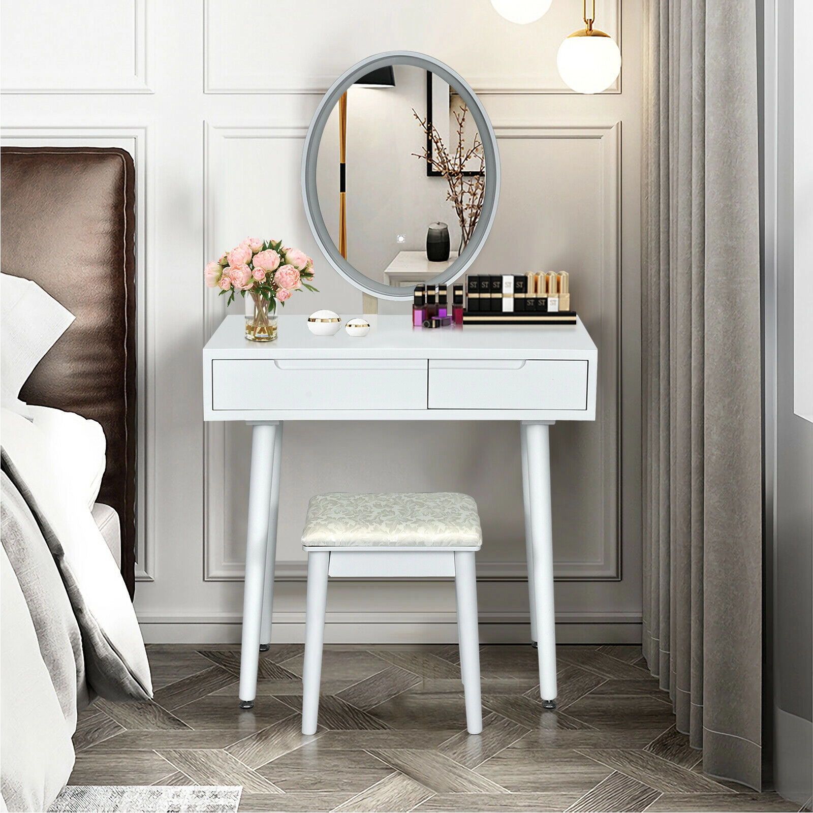 SUGIFT Vanity Table and Stool Set White with Touch Screen Dimmable Lighted Mirror