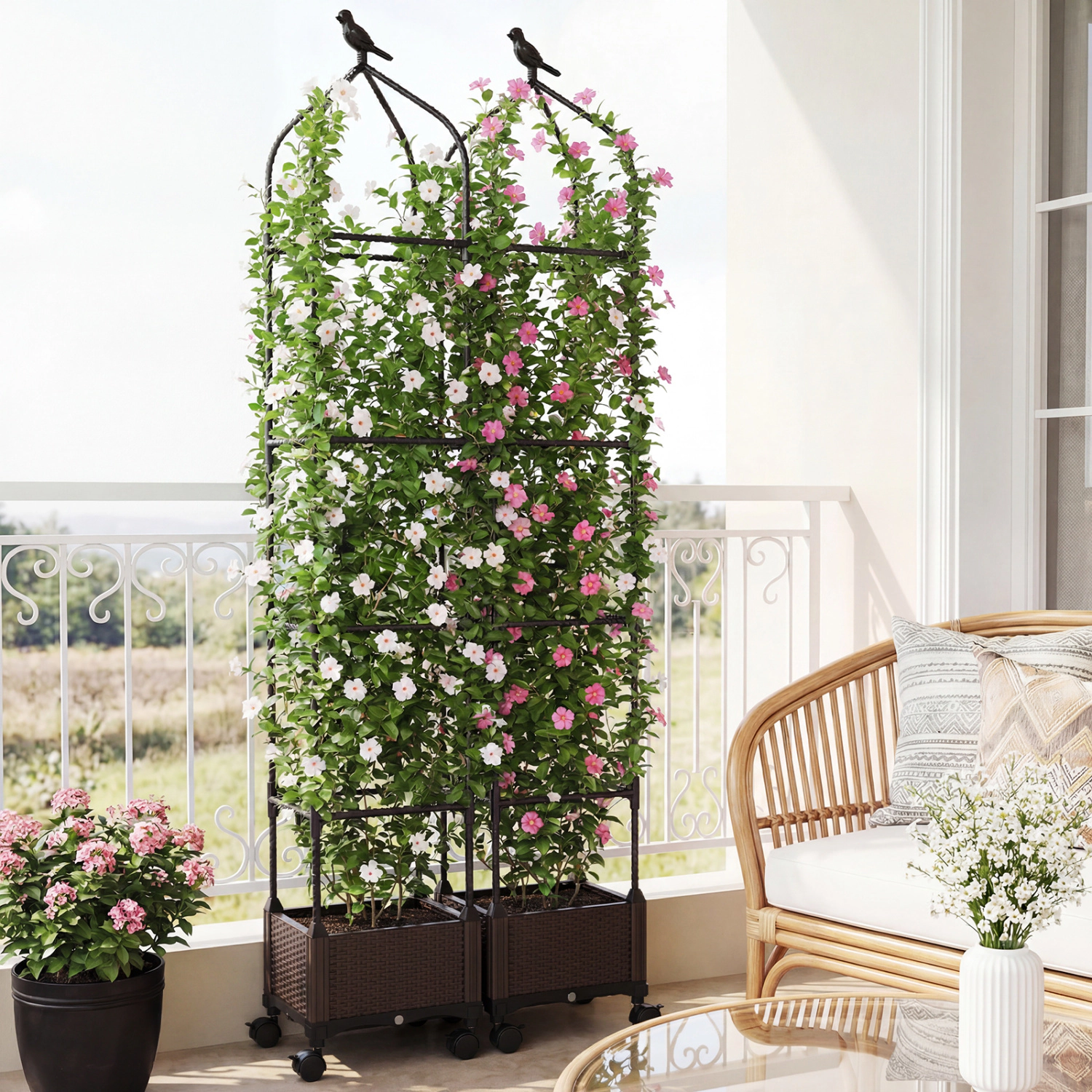 LJG Indoor Outdoor Raised Garden Bed with Trellis and Self-Drainage and Wheels