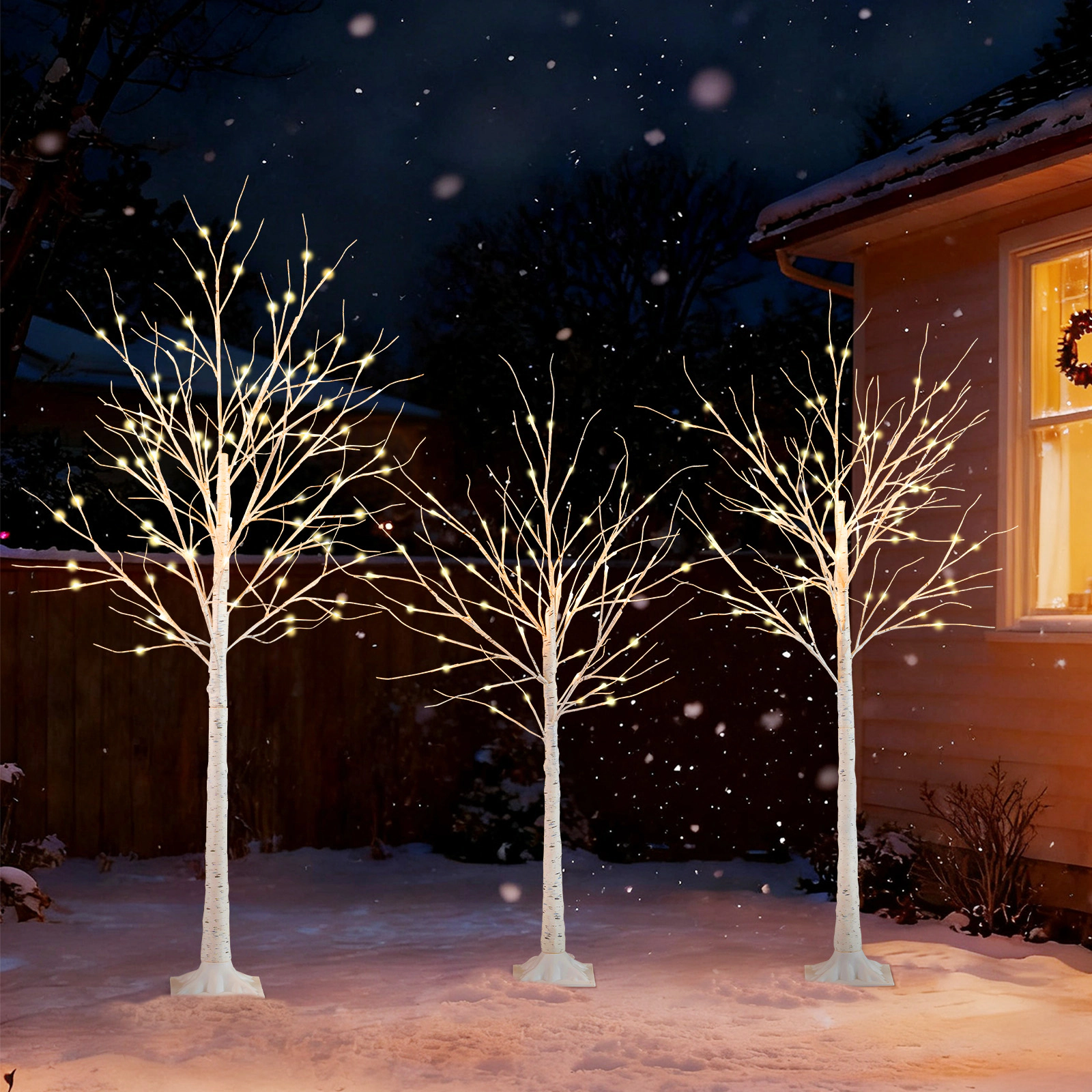 LJG Lighted Birch Tree Set of 3 with 4/5/6 FT Pre-Lit Artificial Christmas Tree for Holiday Party