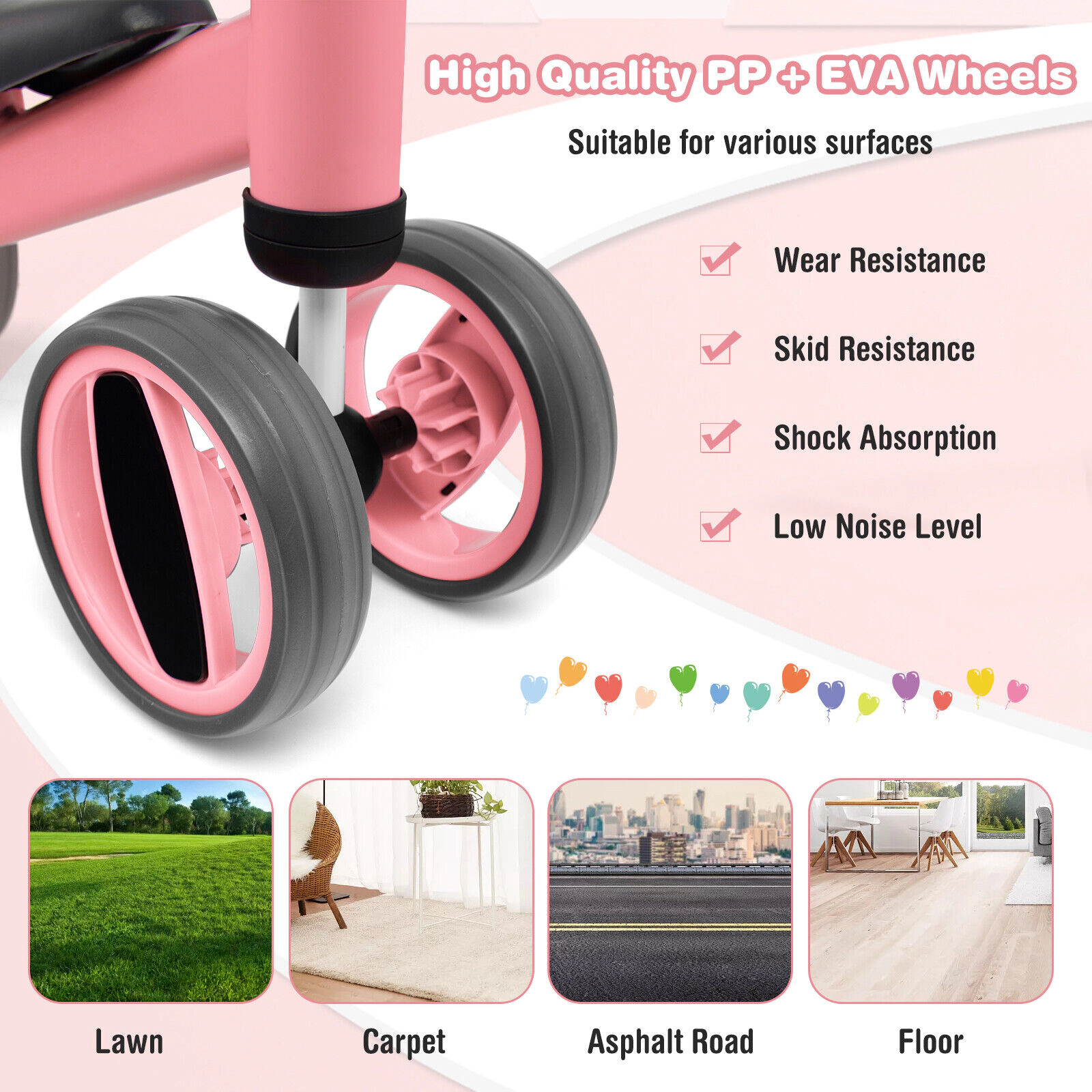 SUGIFT 4-Wheel Baby Balance Bicycle Toy with Steel Frame 44-lb Capacity Ages 1-2 Years Pink