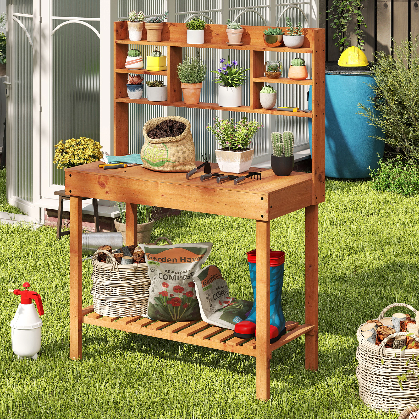 LJG Wooden Potting Bench Table 61" Garden Planting Workstation with 3-Tier Open Shelf