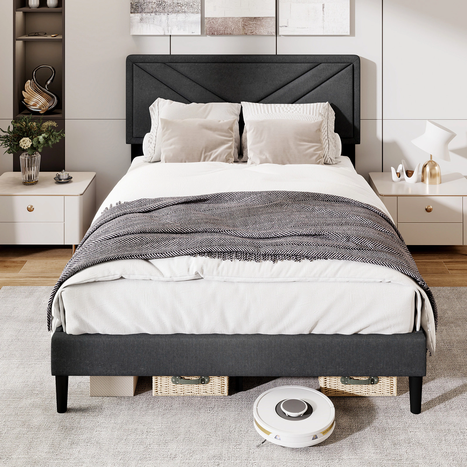 SUGIFT Upholstered Full Size Platform Bed Frame with Tufted Headboard and Wooden Slats 800-lb Capacity Gray