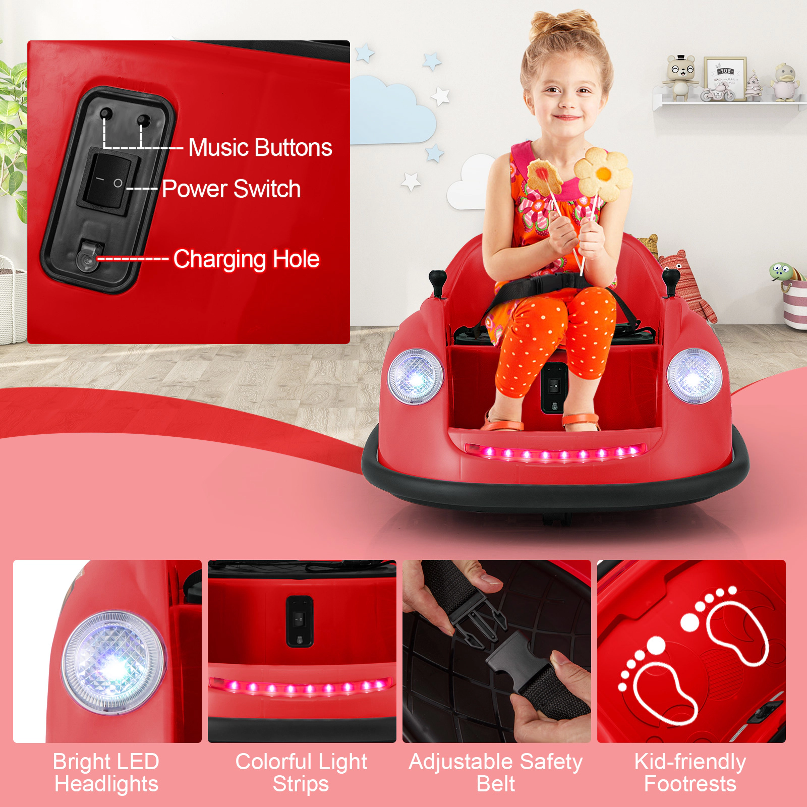 SUGIFT 12V 44-lb Capacity Red Kids Ride On Bumper Car with 360-Degree Spin Joysticks and Parent Remote Control