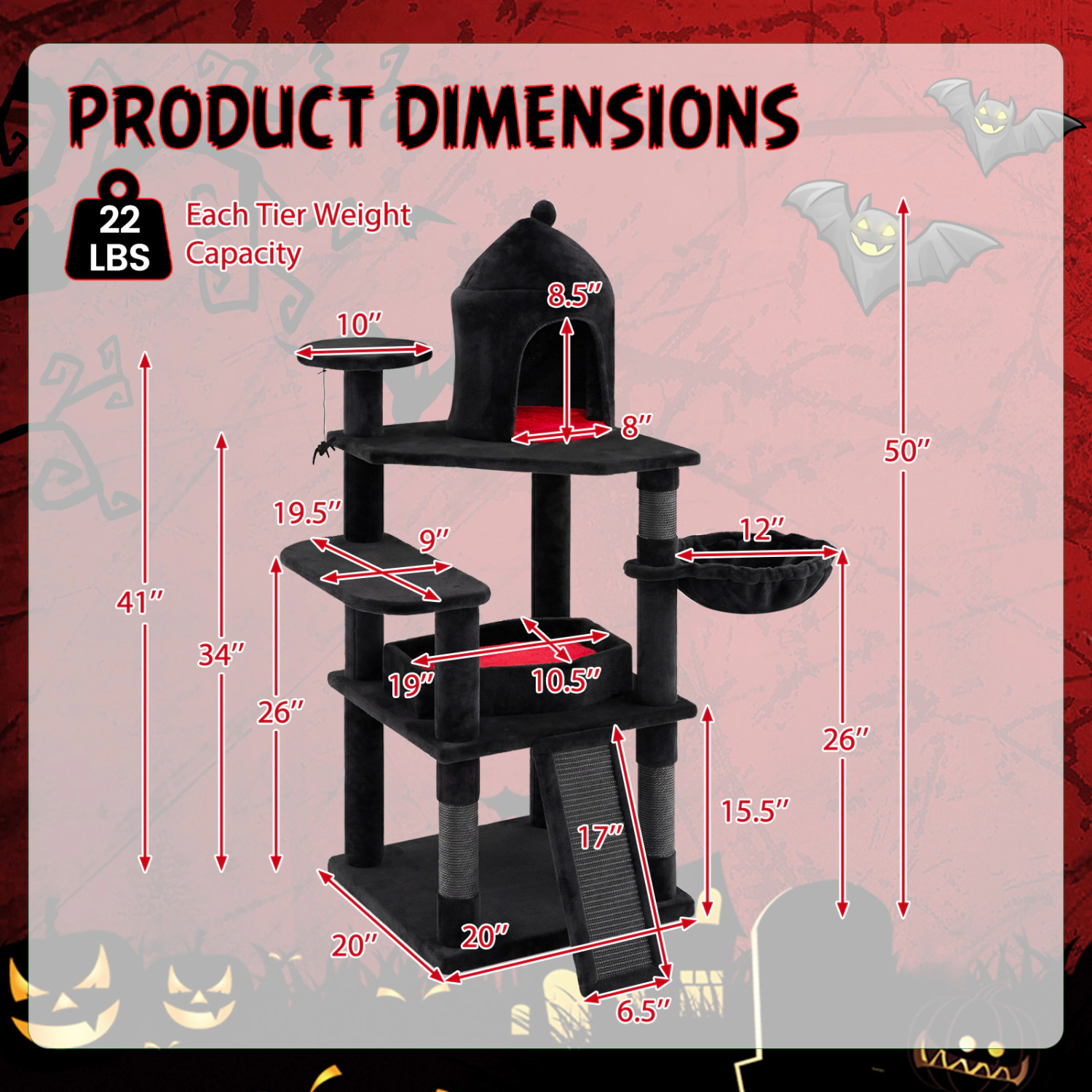 LJG 50 Inch Gothic Multi-Level Cat Tree with House for Indoor Cats