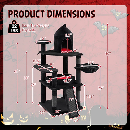 LJG 50 Inch Gothic Multi-Level Cat Tree with House for Indoor Cats ...