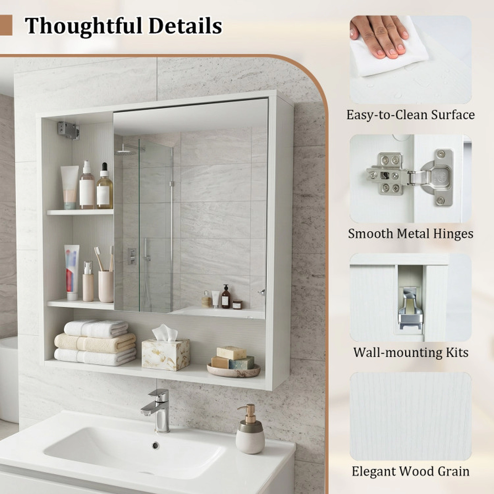 SUGIFT Wall-Mounted Engineered Wood Mirror Cabinet with Hidden and Open Storage 22-lb Countertop Capacity White