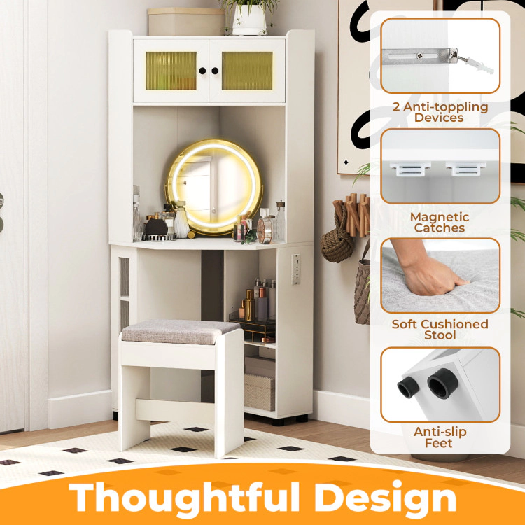 Hivvago Compact Dressing Corner Vanity Desk With Mirror And Lights