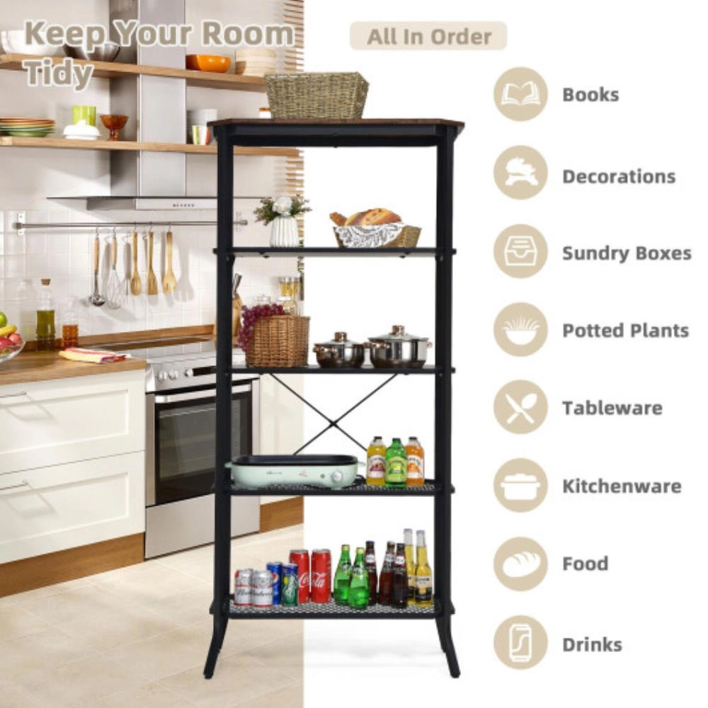 Hivvago Industrial 5-Layer Bookshelf with Out-Stretched Legs-Rustic Brown