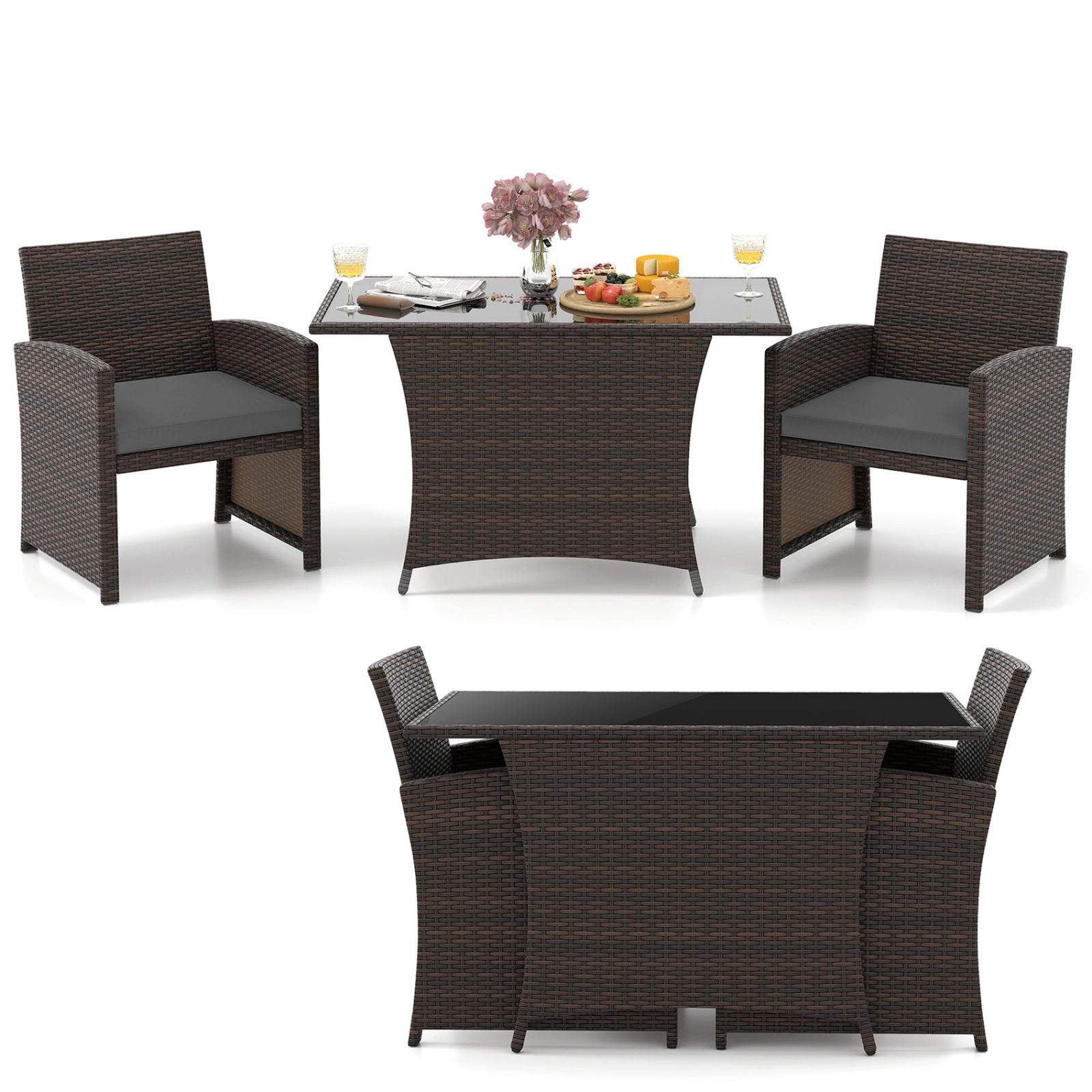 SUGIFT 3-Piece Gray Wicker Patio Dining Set, 44-In Tempered Glass Table and 2 Cushioned Chairs