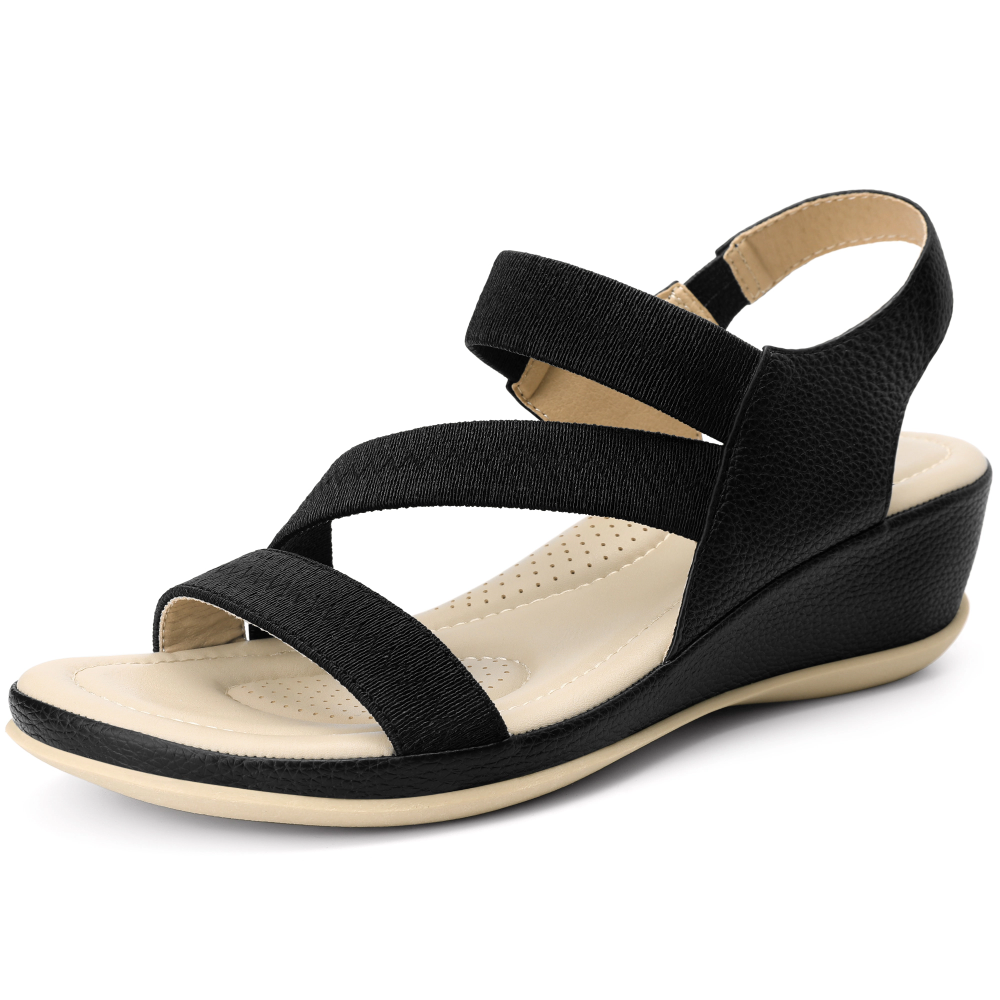 BLISSFUL STEP Women Walking Elastic Strappy Wedge Heel Sandals