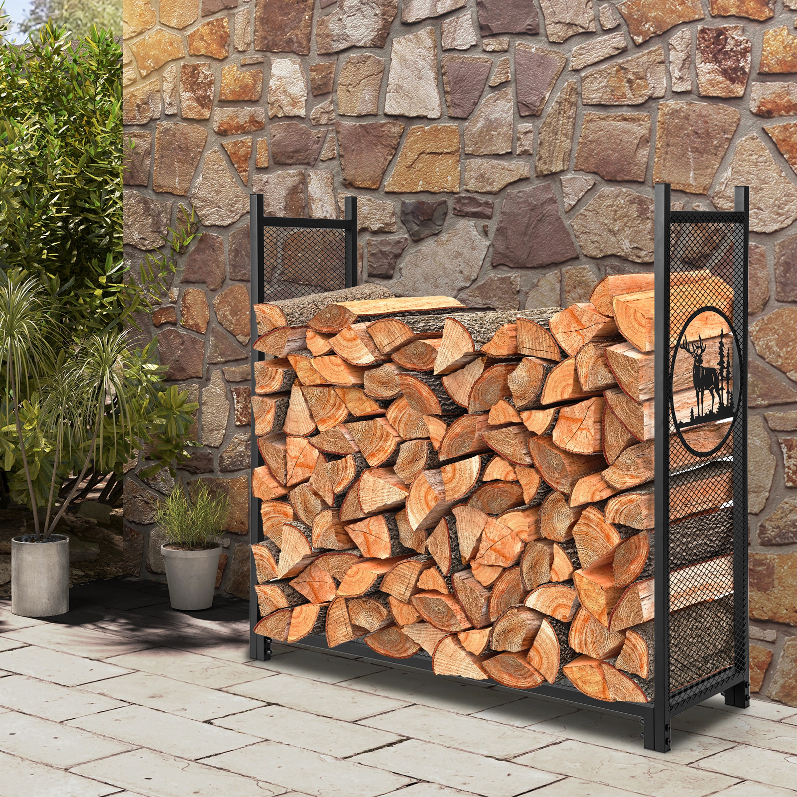 SUGIFT 4 Feet Mesh Firewood Rack Stand 300-lb Capacity Metal Log Holder with 48-in Wide Frame and 41-in High Sides Black
