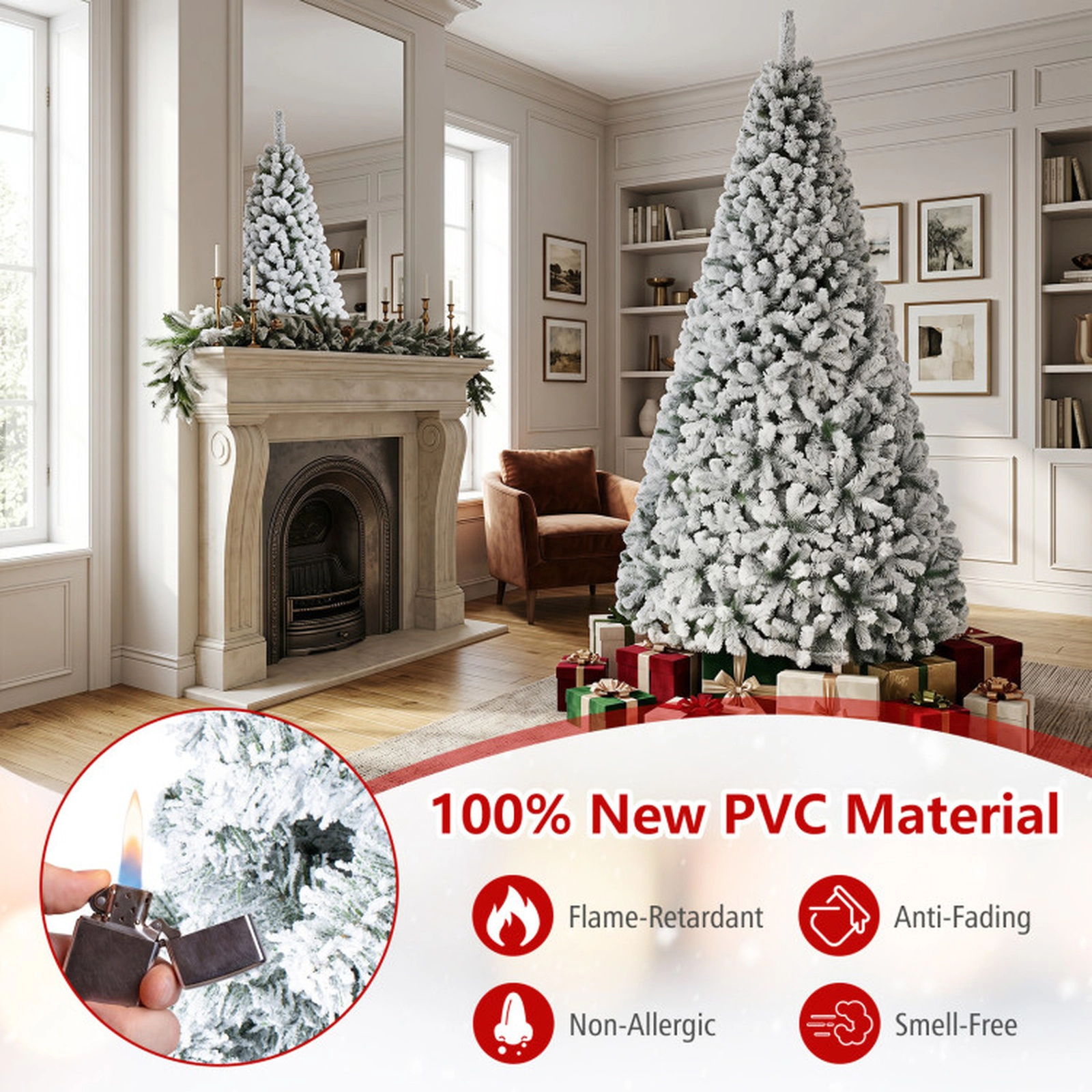 SUGIFT Snow-Flocked Artificial Spruce Christmas Tree 9-ft Tall with 1498 Branch Tips Hinged Design White & Green