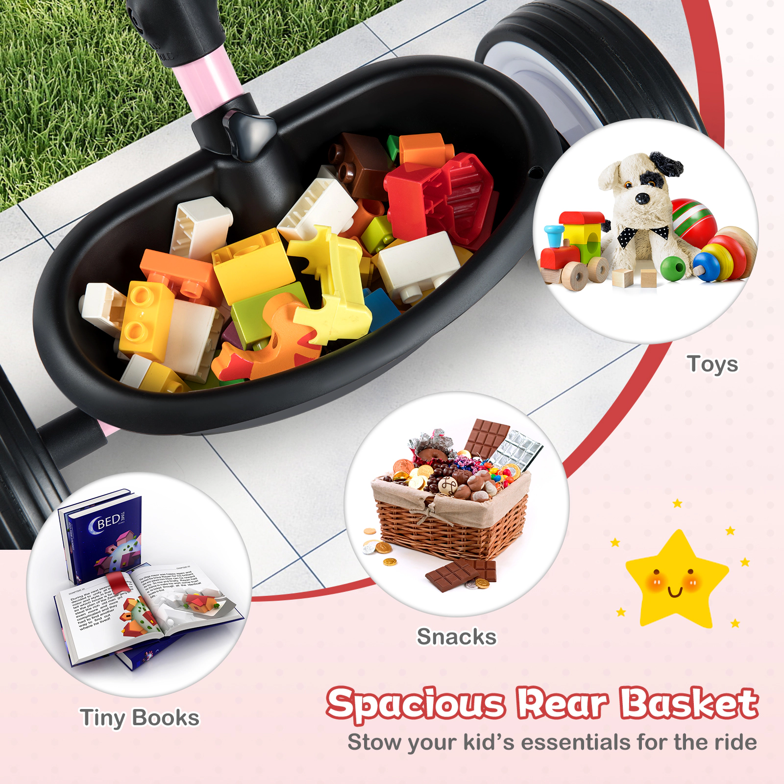 SUGIFT LED Glowing Wheels 3-Position Seat and Storage Basket Toddler Tricycle