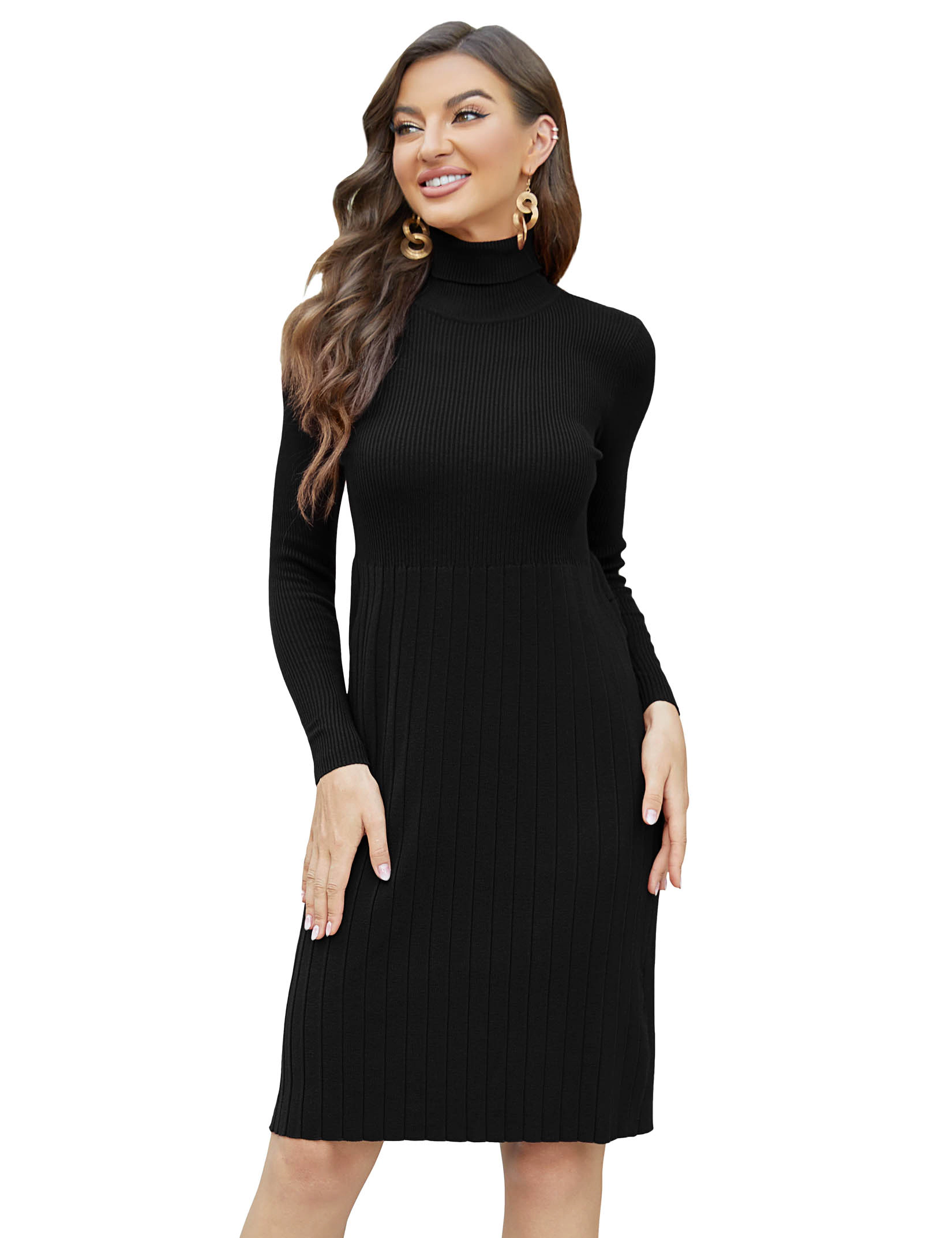 KOJOOIN Women's Sweater Dresses Casual Long Sleeve Turtleneck Loose Fit Pencil Midi