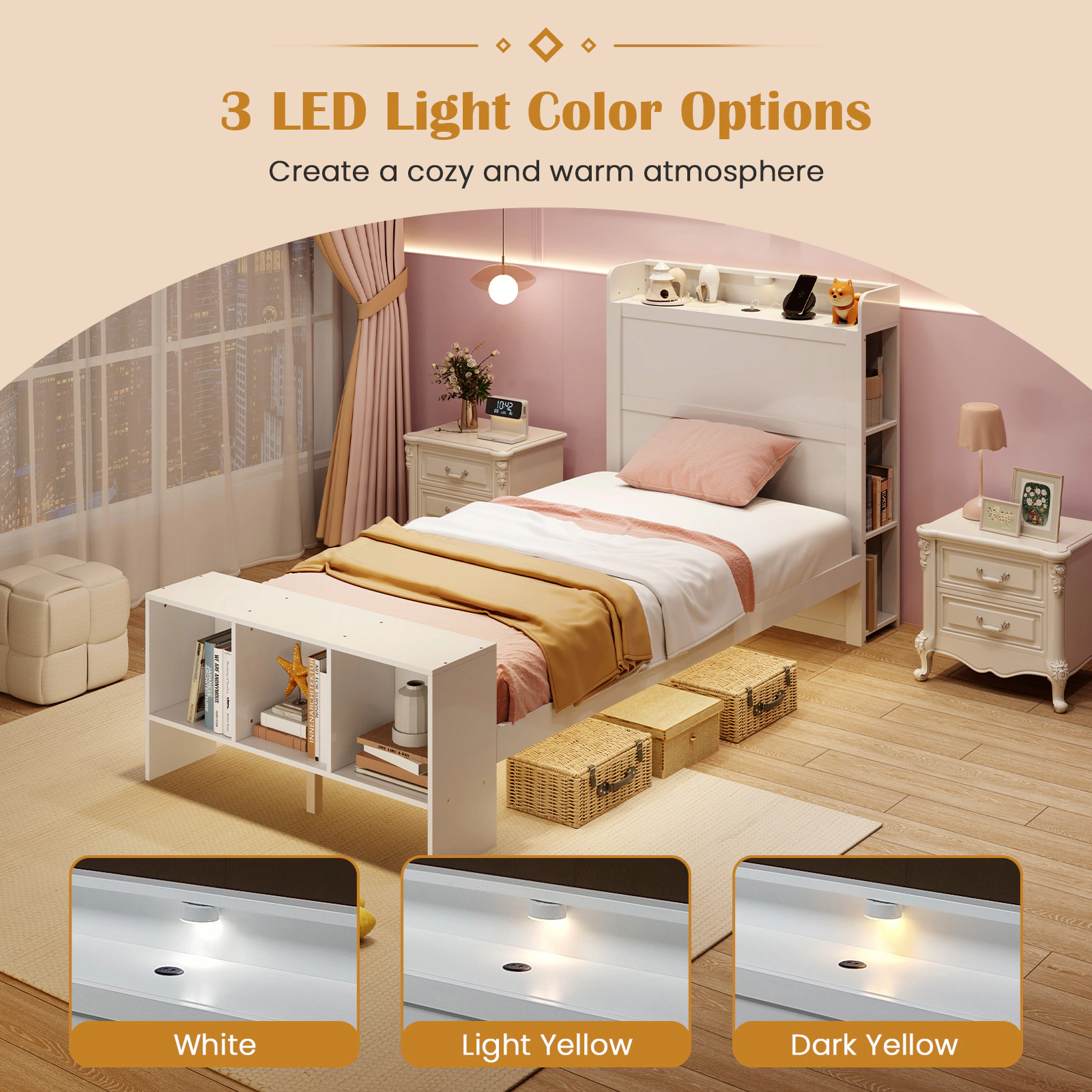 SUGIFT Twin Platform Bed with LED Headboard, 2 USB Ports and Storage, White