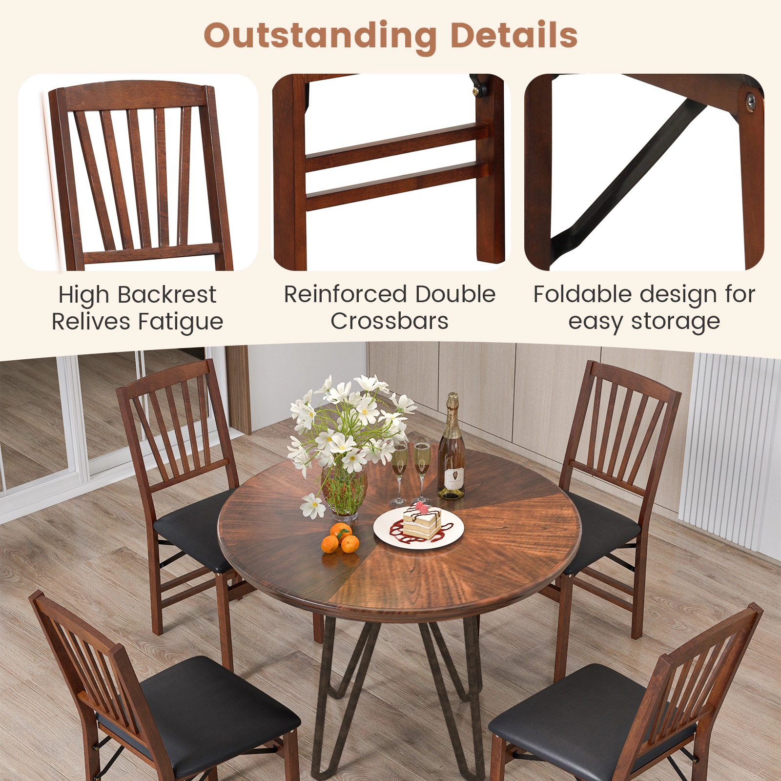 SUGIFT Folding Dining Chairs Set of 2, Brown PU Leather, Rubber Wood, 400 lb Capacity