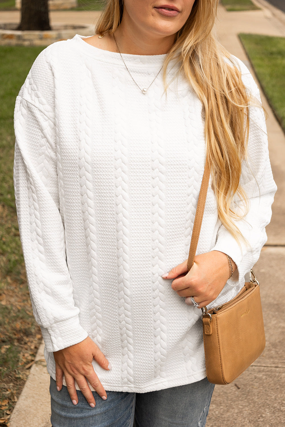 Threaded Pear Women's White Cable Textured Loose Plus Sweatshirt