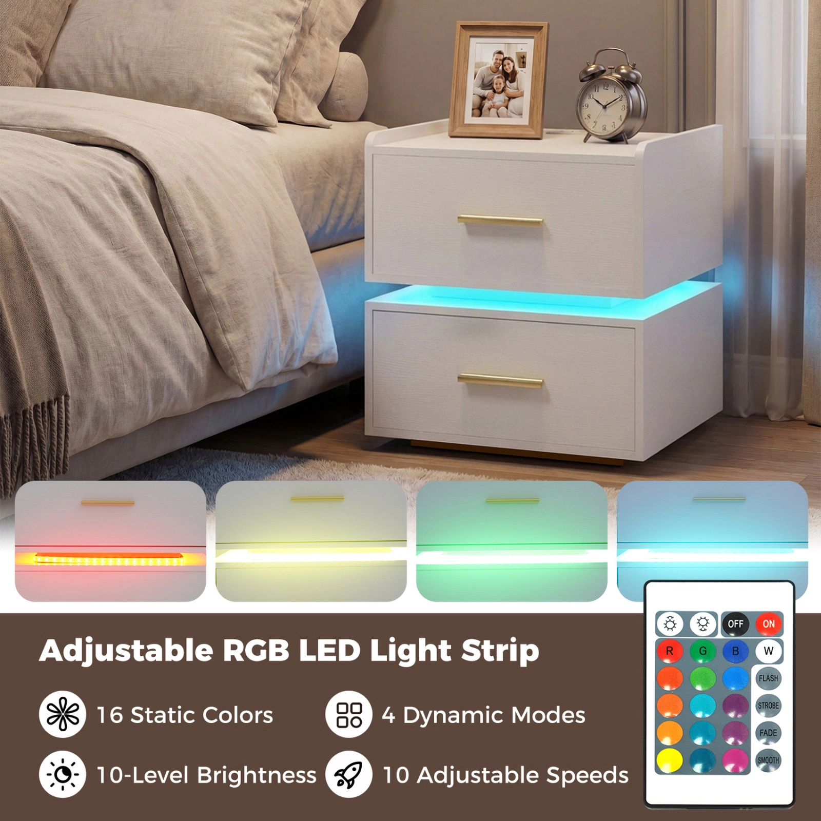 SUGIFT Adjustable RGB LED Light Strip Nightstand with Charging Station 77-lb Tabletop Capacity White