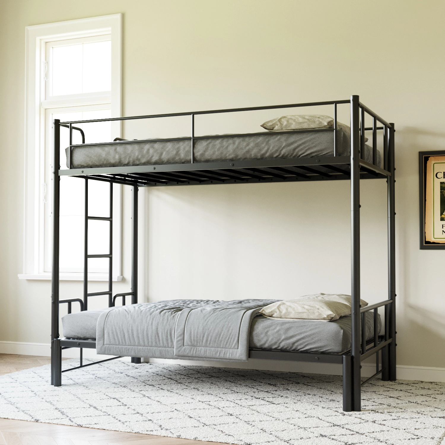 Flynama Twin Metal Pull-Out Bunk Bed with Guardrail & Ladder, Space Saving, Black