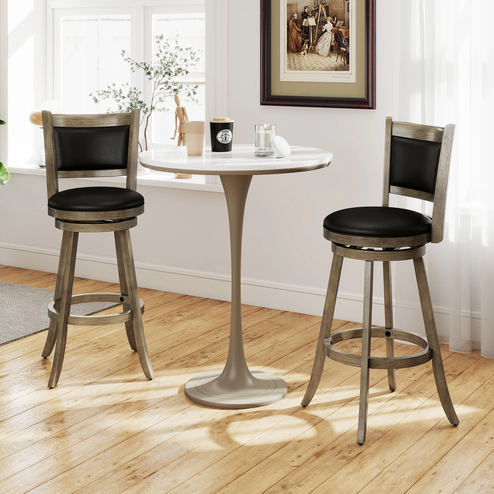 SUGIFT PVC Cushioned Seat and Backrest Set of 2 Gray 29 in Wooden Swivel Bar Stools