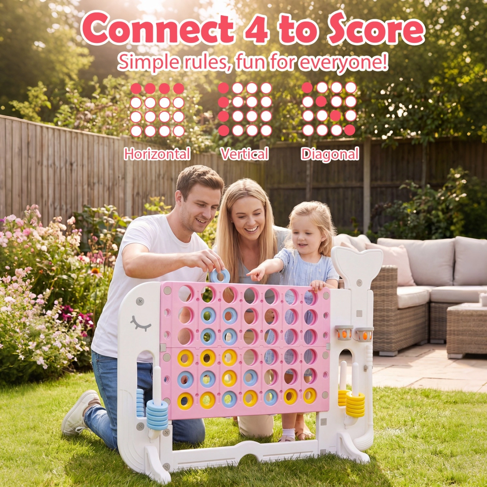 SUGIFT Integrated 4-Game Jumbo Connect Four Combo Game Set with Ring Toss and Basketball Pink Blue Gray Navy