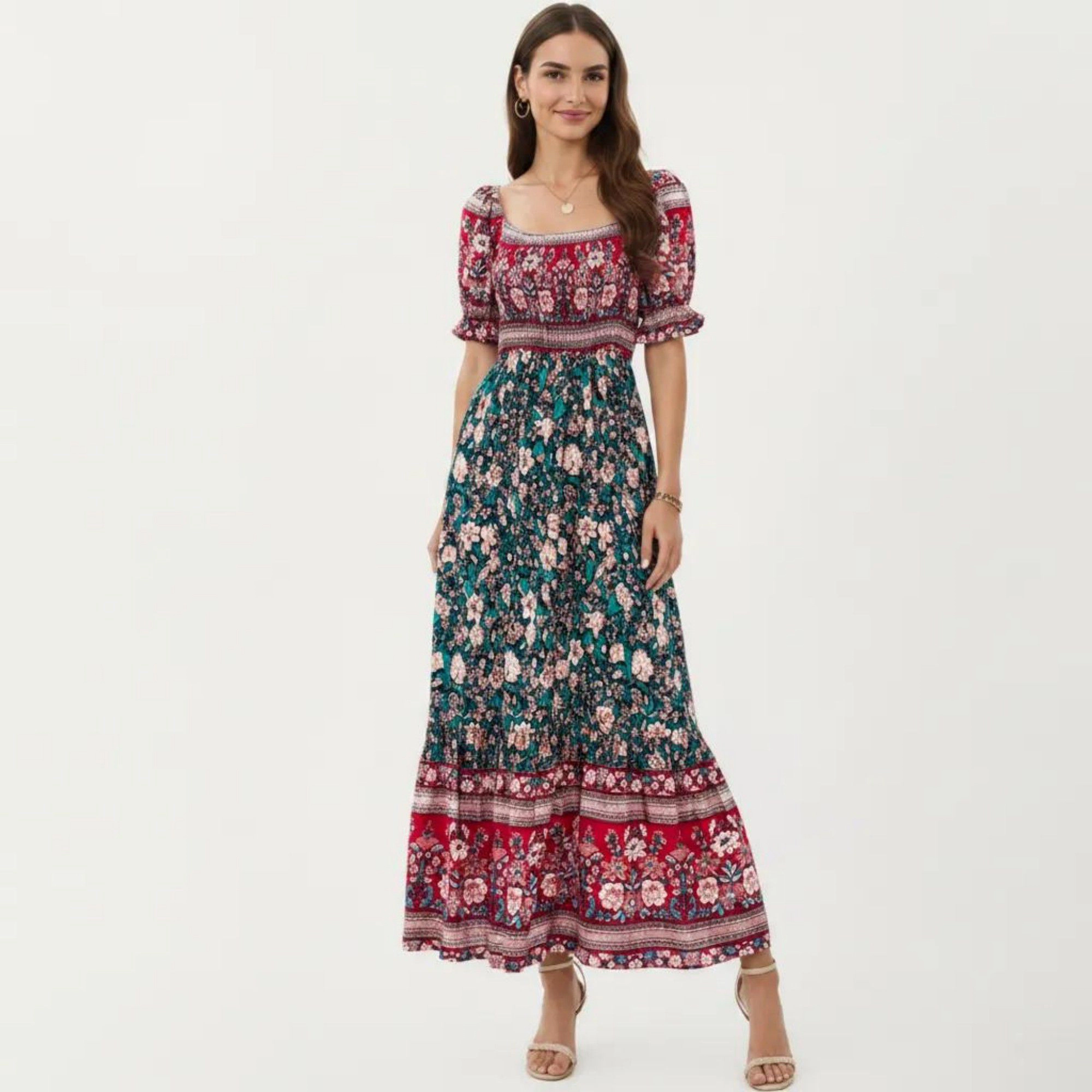 Anna-Kaci Women's Puff Sleeve Mixed Floral Print Border Hem Maxi Dress