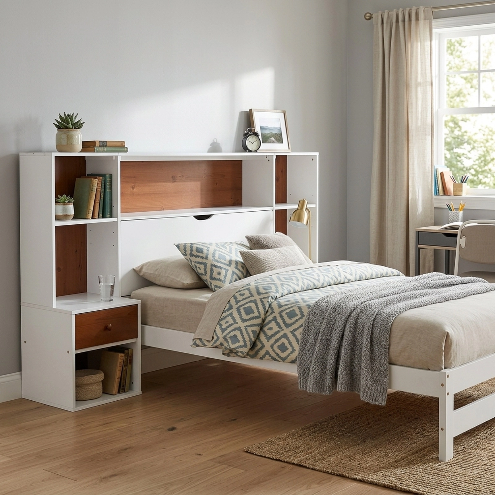 SUGIFT Twin Bed Frame with Storage Headboard and 2 Built-In Nightstands, White and Brown