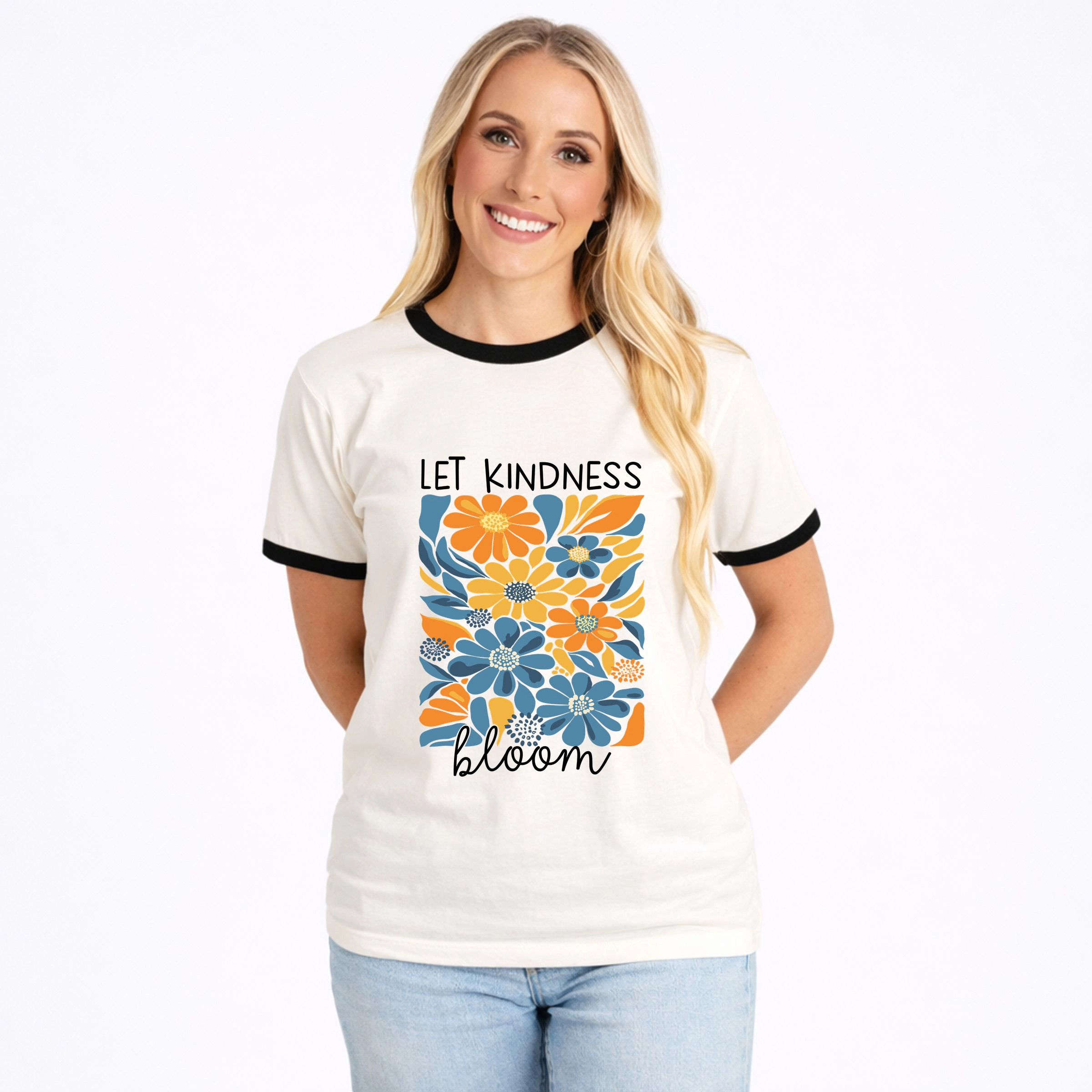Simply Sage Market - Let Kindness Bloom Blue and Orange Flowers Women's Ringer Graphic T-Shirt