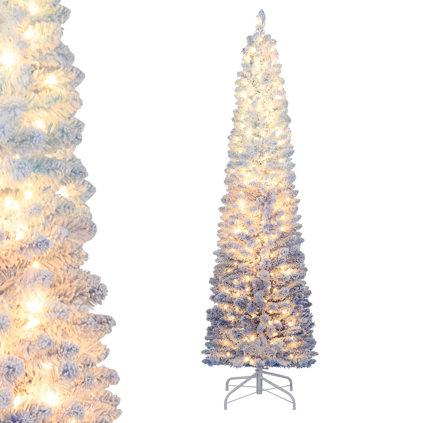 Costway 6/7 FT Snow-flocked Artificial Christmas Tree with 220/290 Warm LED Lights, 8 Modes