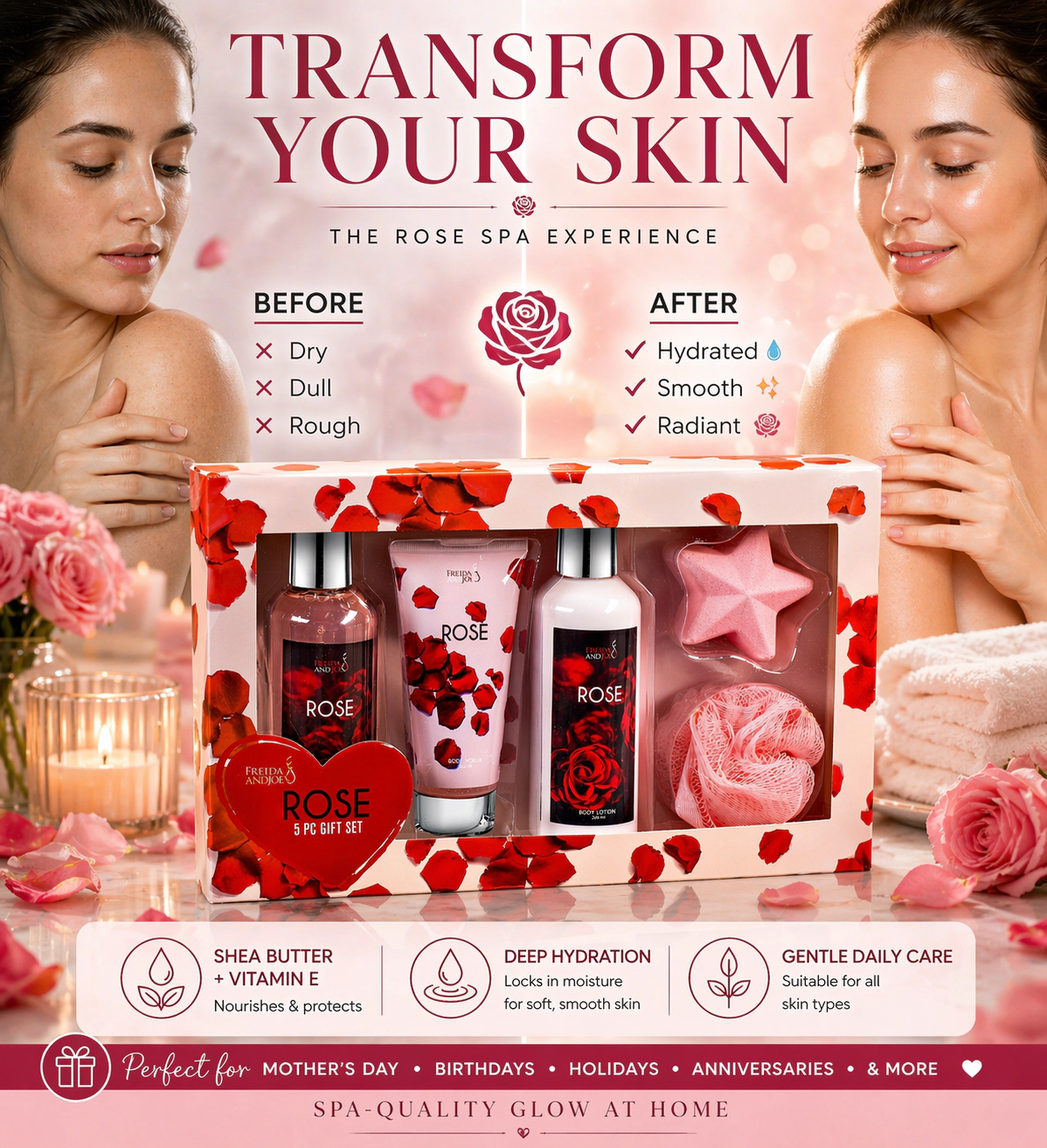 Freida and Joe  Women Rose Spa Gift Box – Elegant Mother's Day Spa Surprise