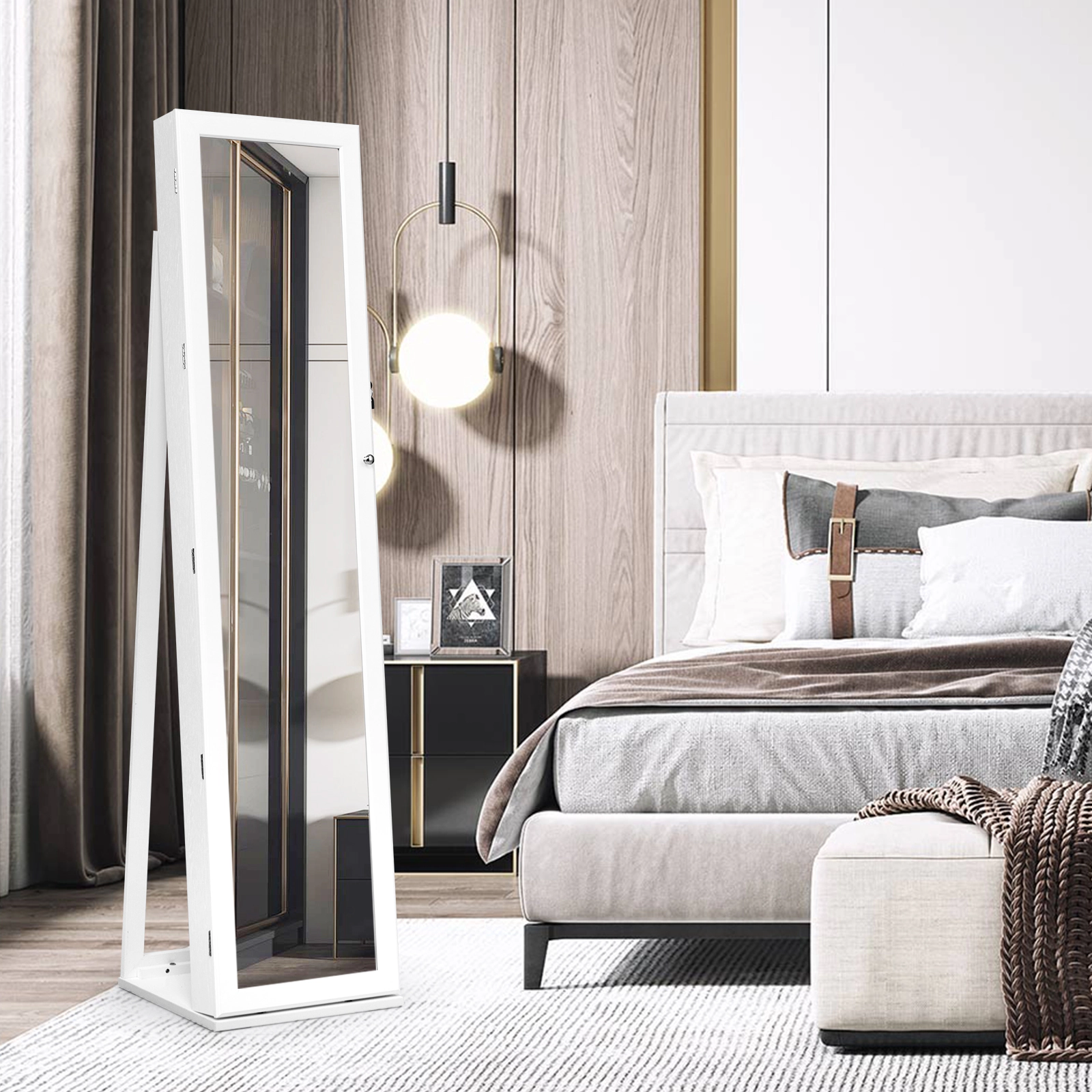 SUGIFT White Standing Jewelry Storage Organizer with Full-Length Mirror Lockable Armoire and Velvet Shelves