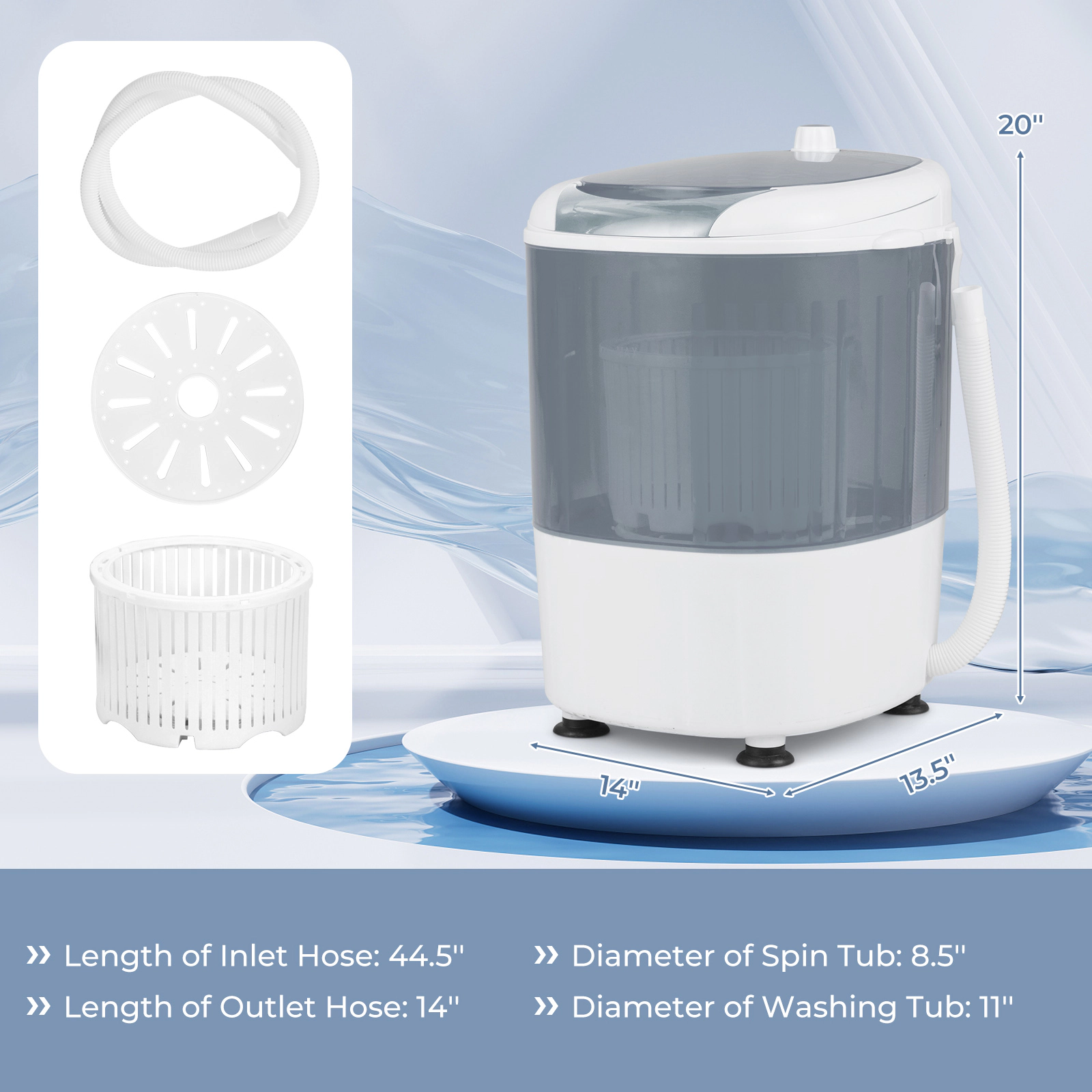 SUGIFT 5.5-lb Single Tub Portable Mini Washing Machine with 1.1-lb Spin Basket and 14-in Drain Hose