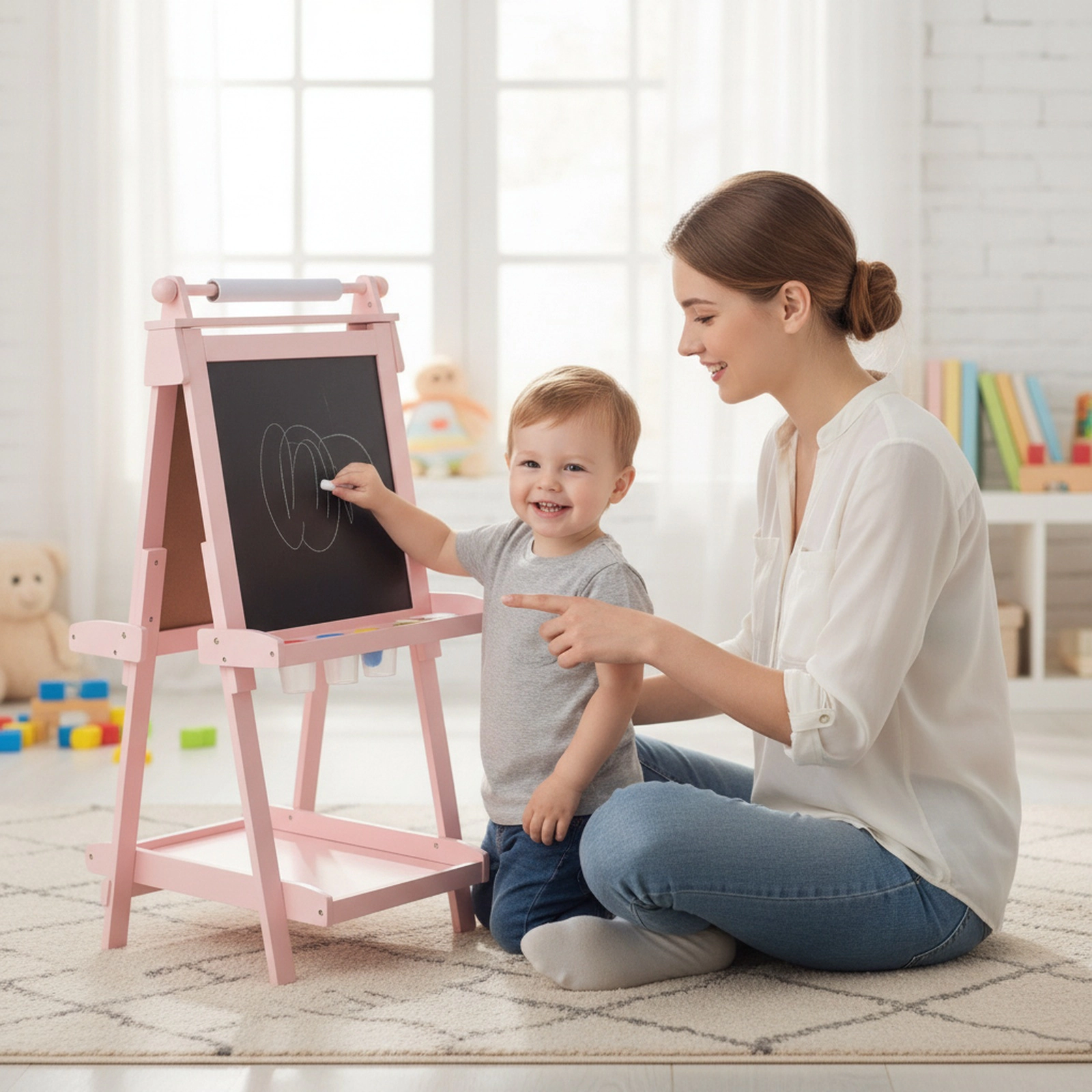 3-in-1 Wooden Kids Art Easel Double-Sided Magnetic Whiteboard Chalkboard Paper Roll Storage Trays Ages 3 and Up Pink