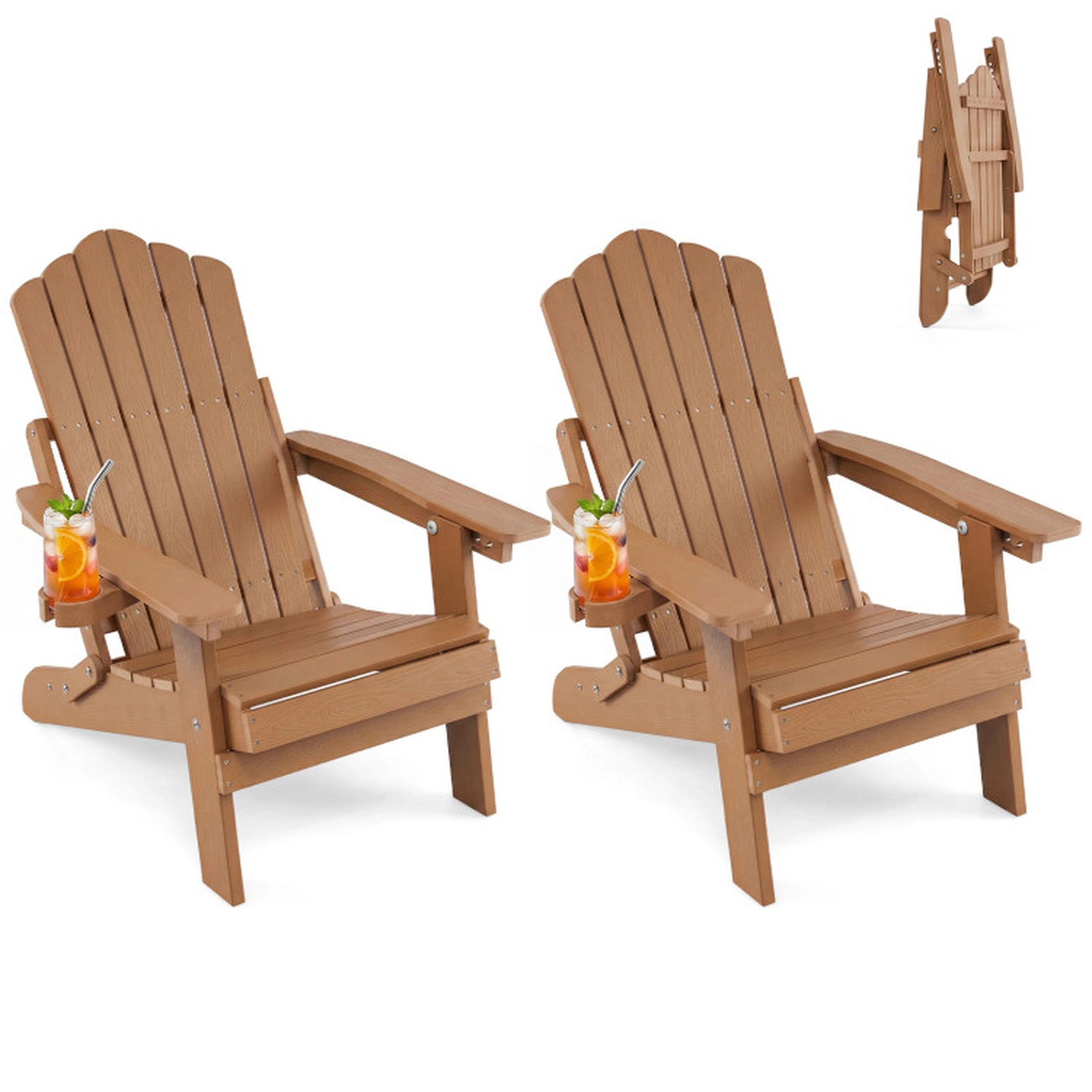 SUGIFT Set of 2 Outdoor Folding Adirondack Chairs with 5-Position Backrest and Cup Holder 330-Lb Capacity Coffee