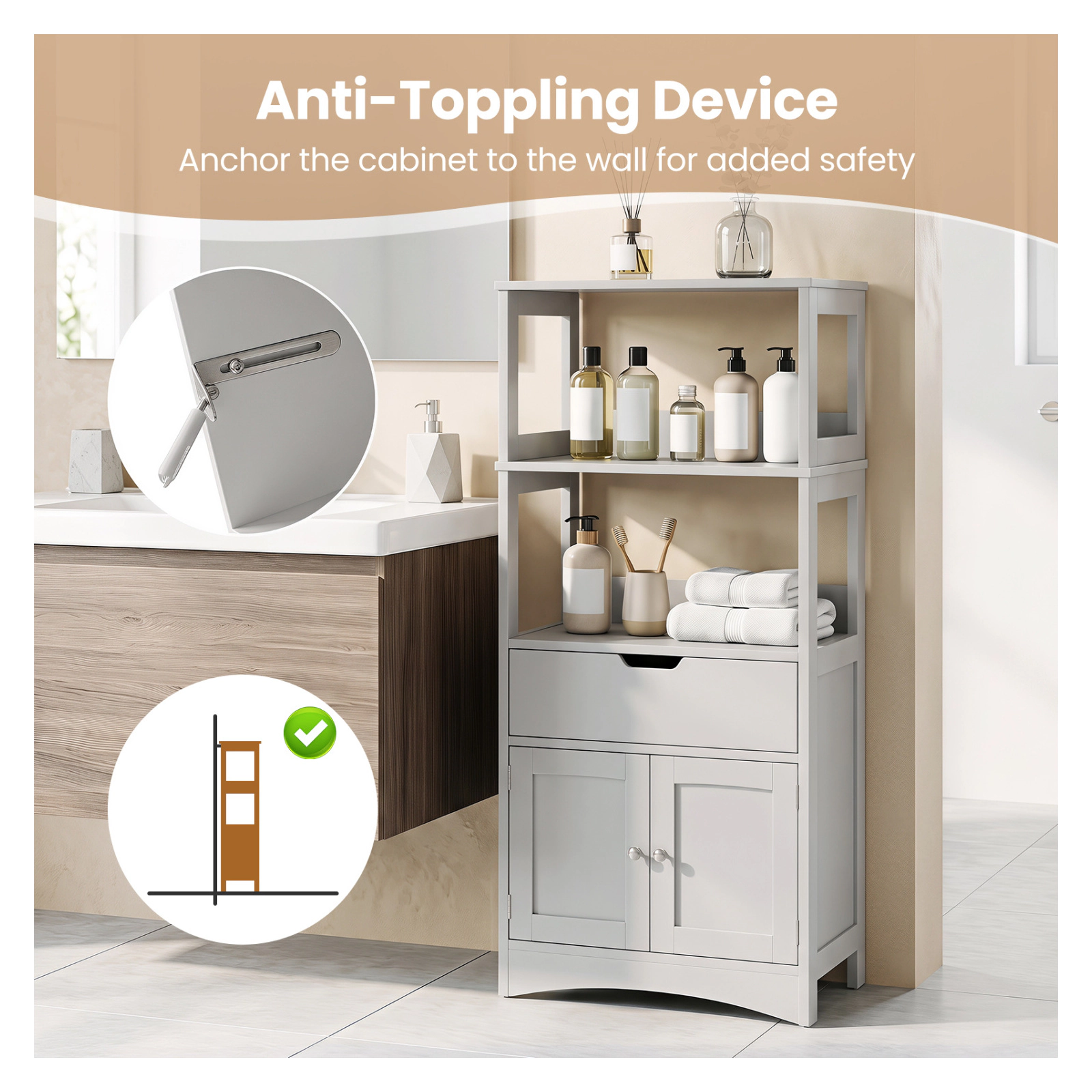 Glintex 48-Inch Bathroom Cabinet with Anti-Fall Baffles Drawer and 2 Doors