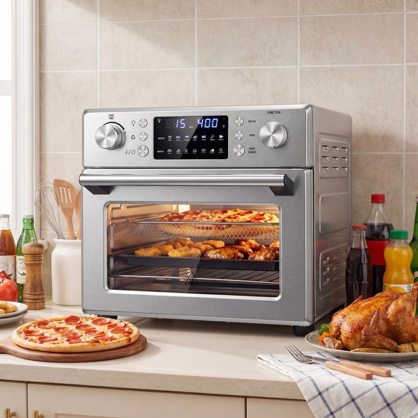 SUGIFT 26-qt 1700W Stainless Steel Countertop Convection Air Fryer Oven with 14 Modes and Rotisserie