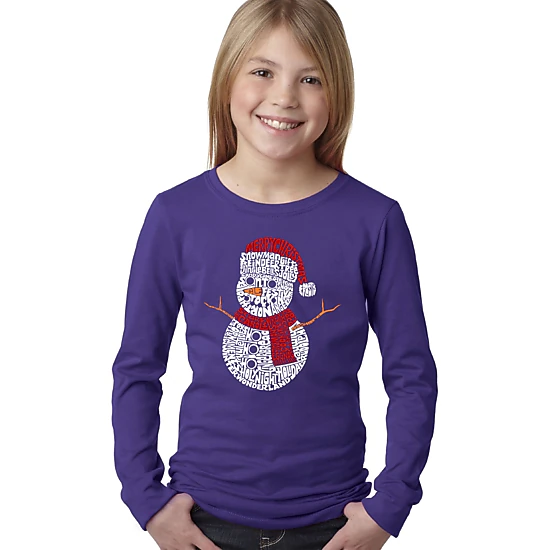 LA Pop Art Girls Long Sleeve Word Art T-Shirt - Christmas Snowman