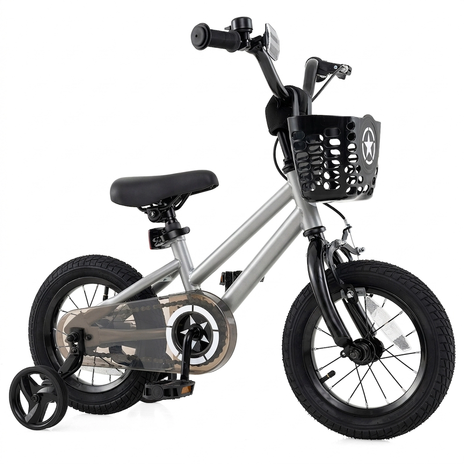 SUGIFT Silver Training Wheels Transparent Chain Cover and Front Basket Kids 12 Inch Bike