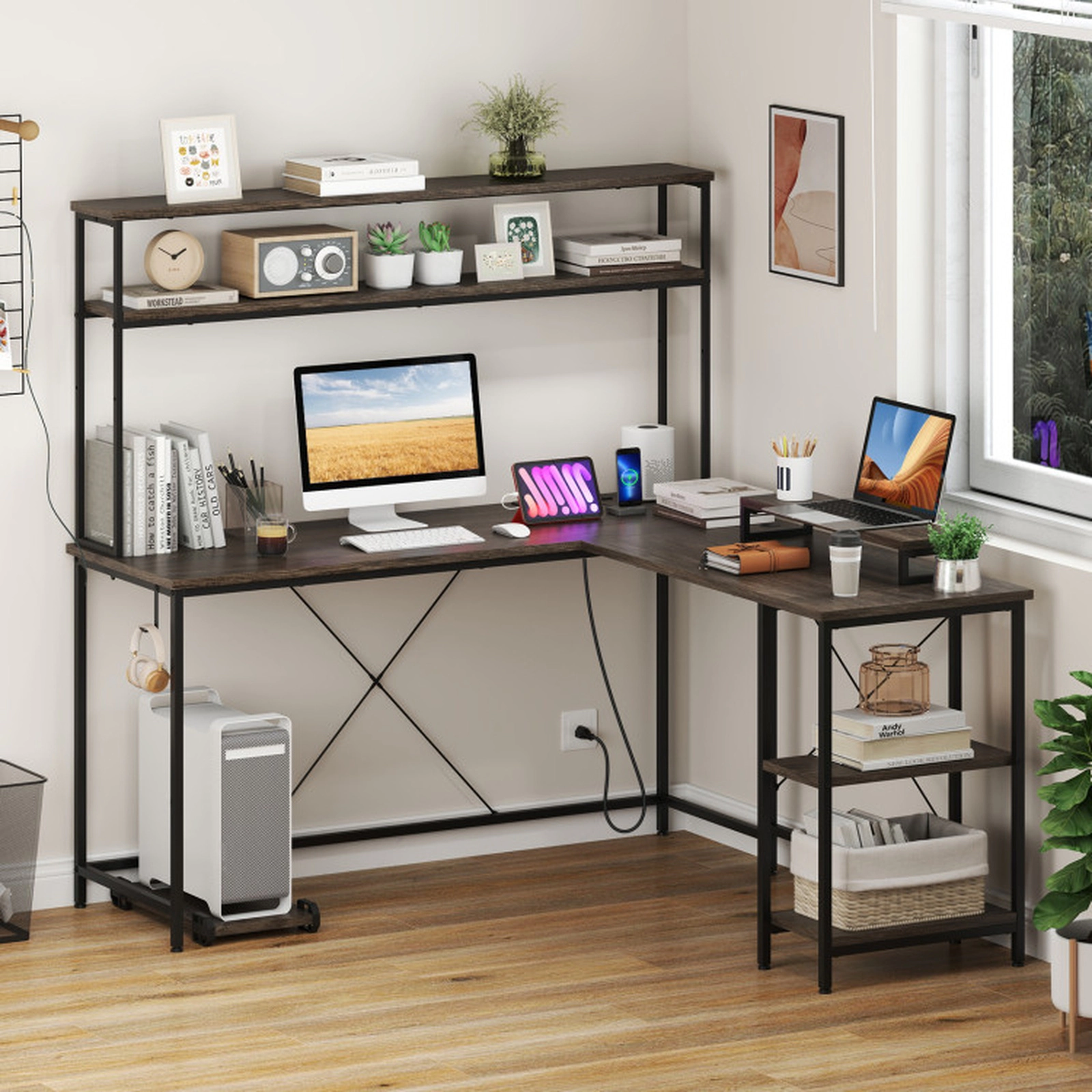 SUGIFT Gray Reversible L-Shaped Gaming Desk with RGB LED Hutch, Monitor Stand and 310-Lb Capacity