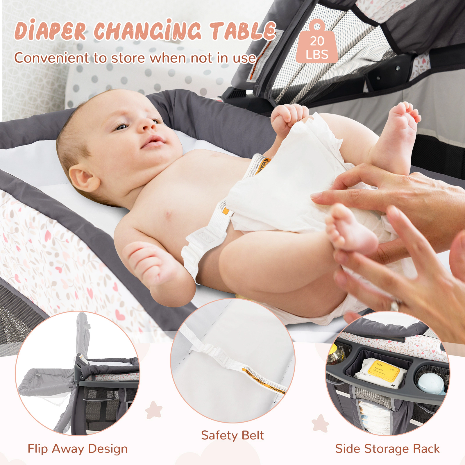 SUGIFT 4-in-1 Portable Pack and Play Baby Nursery Center with Bassinet 33-lb Capacity Ages 0-3 Years Black/Gray