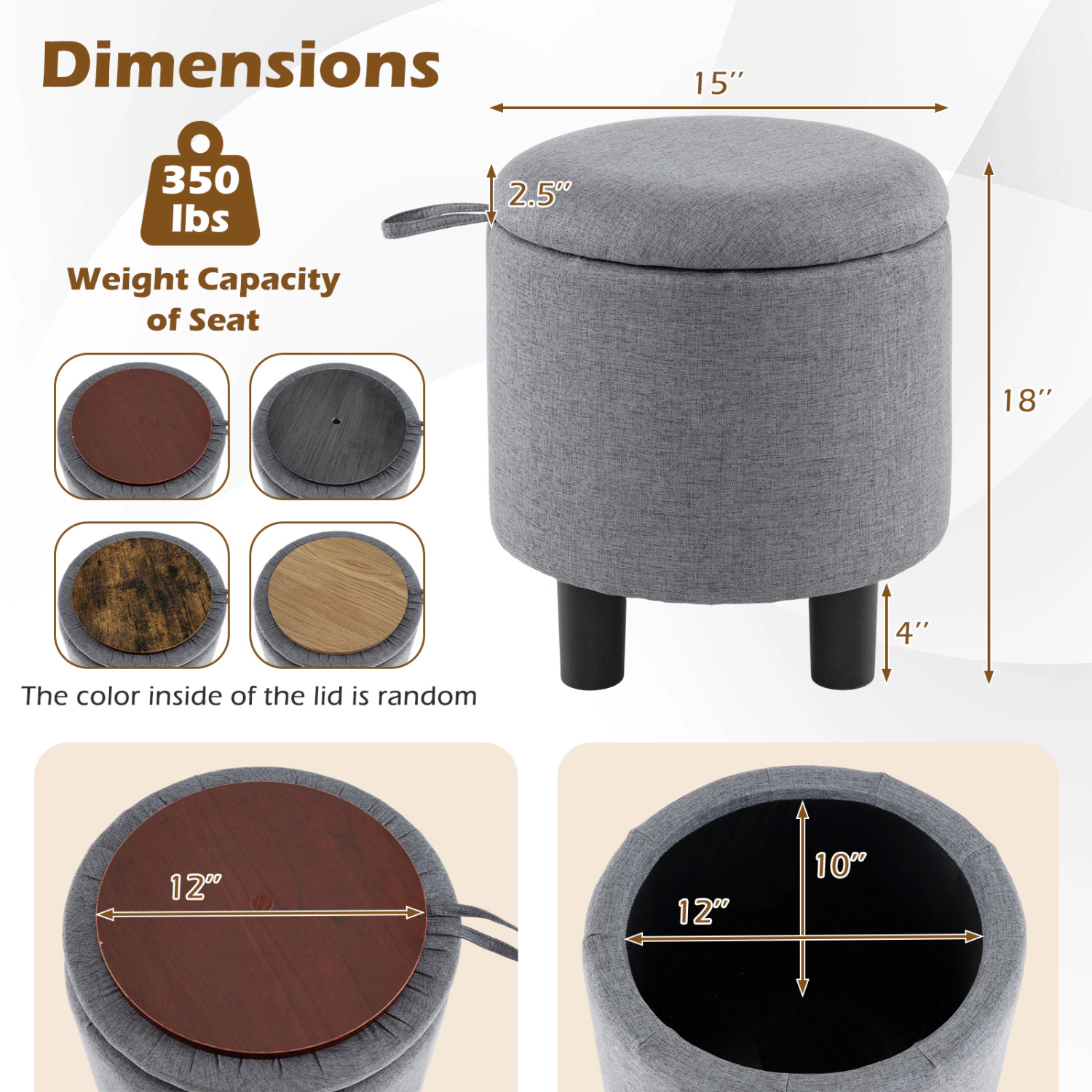 Glintex Round Linen Storage Ottoman with Reversible Lid and 350-Lb Seat