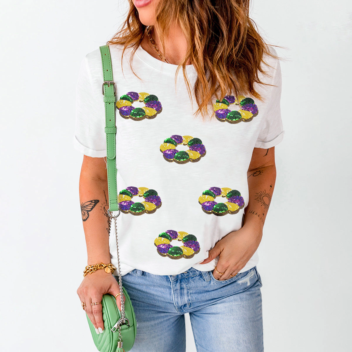 Sol Living Womens Sequined Mardi Gras Pattern Crew Neck Short Sleeve Top