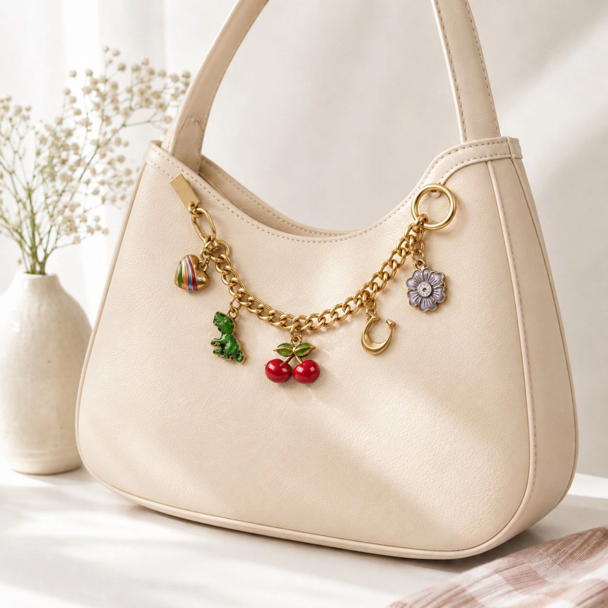 Alilang Women's Gold Tone Charm Chain Bag Accessory with Cherry Dinosaur Heart Flower and Horseshoe Accents