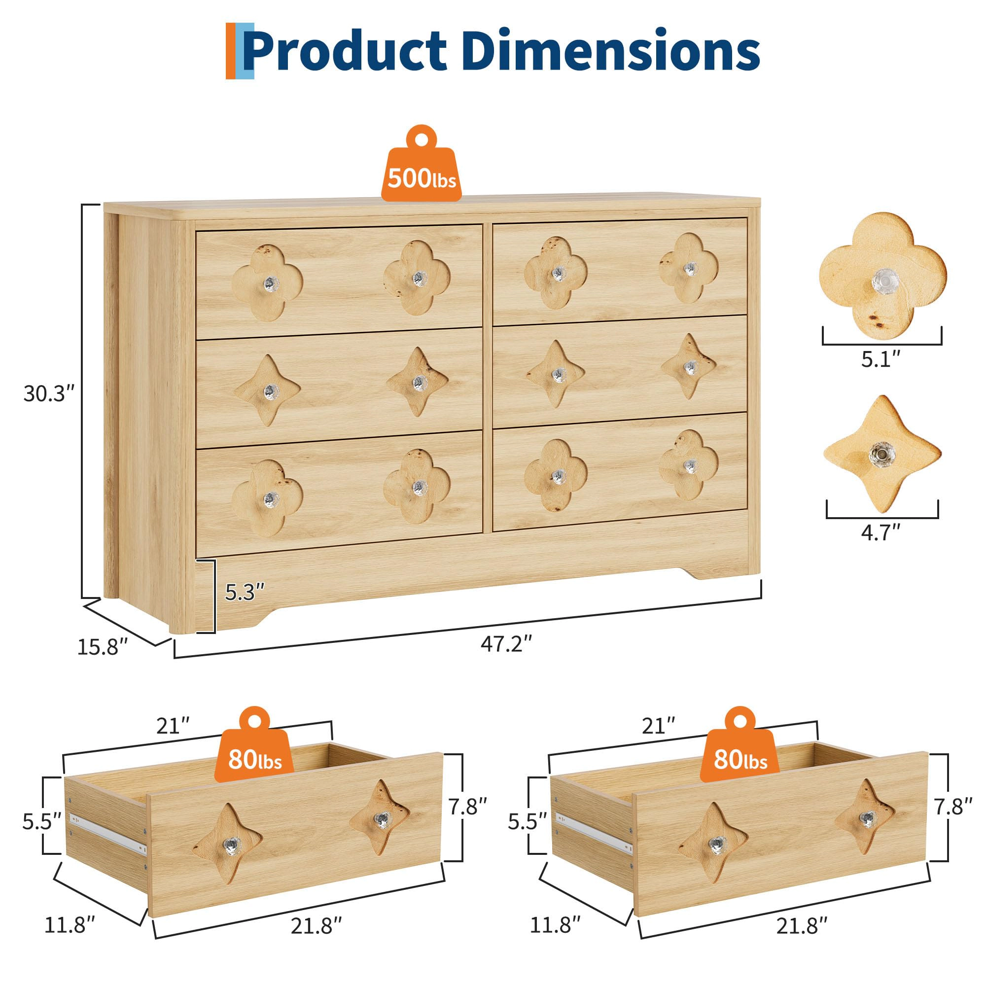 47.2" Wide 6 Drawer Wood Dresser with Crystal Knobs, Bedroom Storage Chest TV Stand Organizer