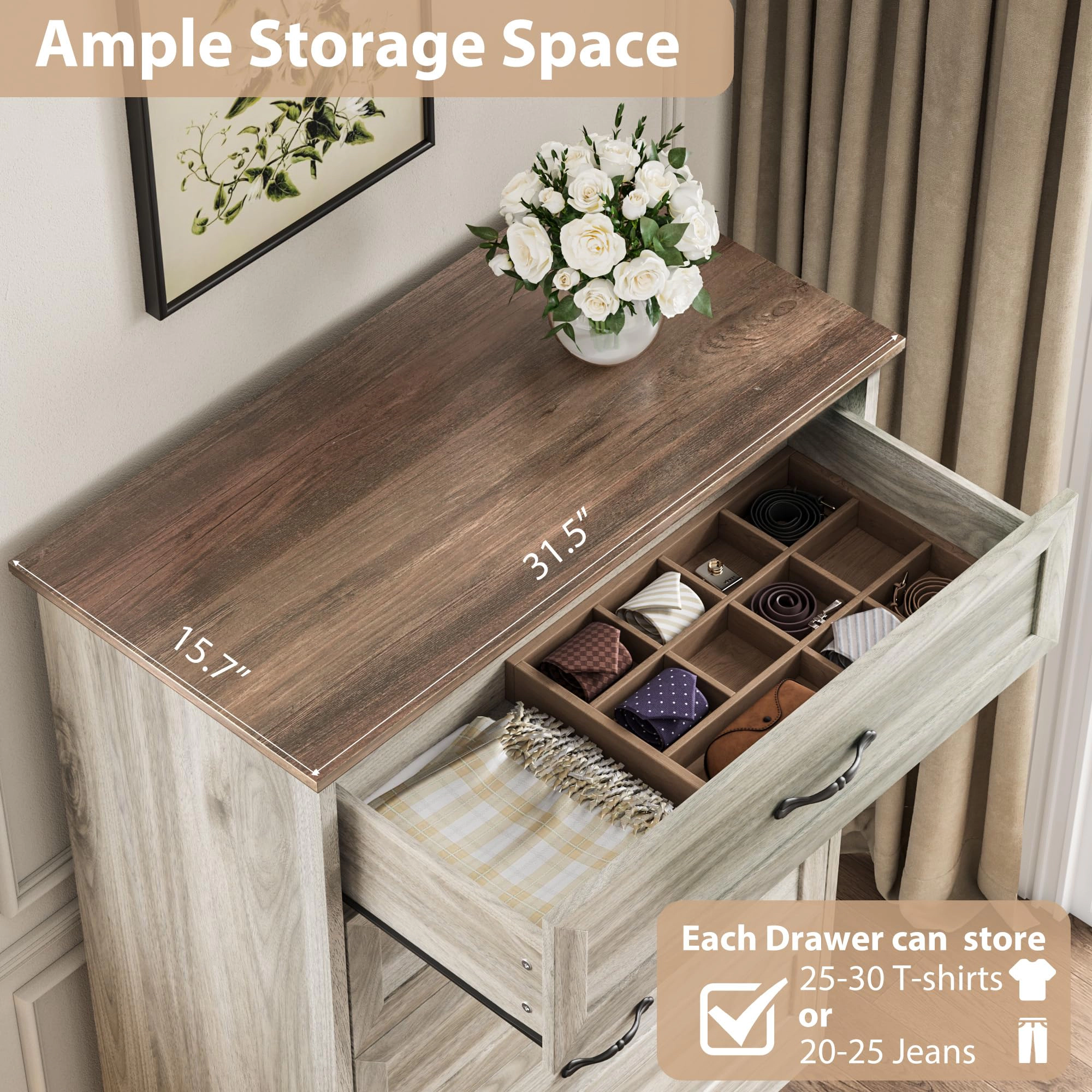 Farmhouse 5 Drawer Dresser with Metal Handles, 44" Tall Wooden Storage Cabinet for Bedroom Living Room