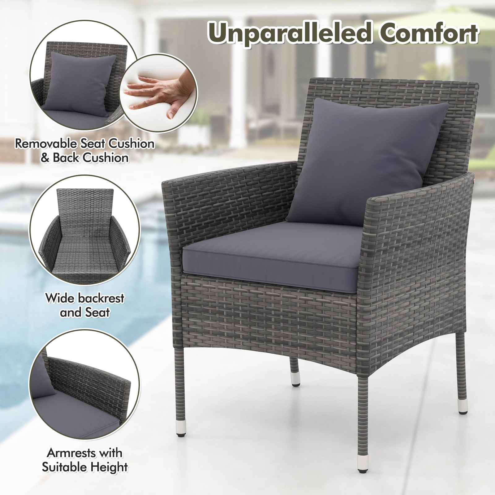 SUGIFT PE Rattan Patio Conversation Set with Cushioned Chairs and Tempered Glass Table 400-lb Chair Capacity Mix Gray