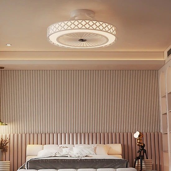 SUGIFT White 7-Blade Low Profile Flush Mount Ceiling Fan with Dimmable LED Light 19-in Dia 7.5-in H