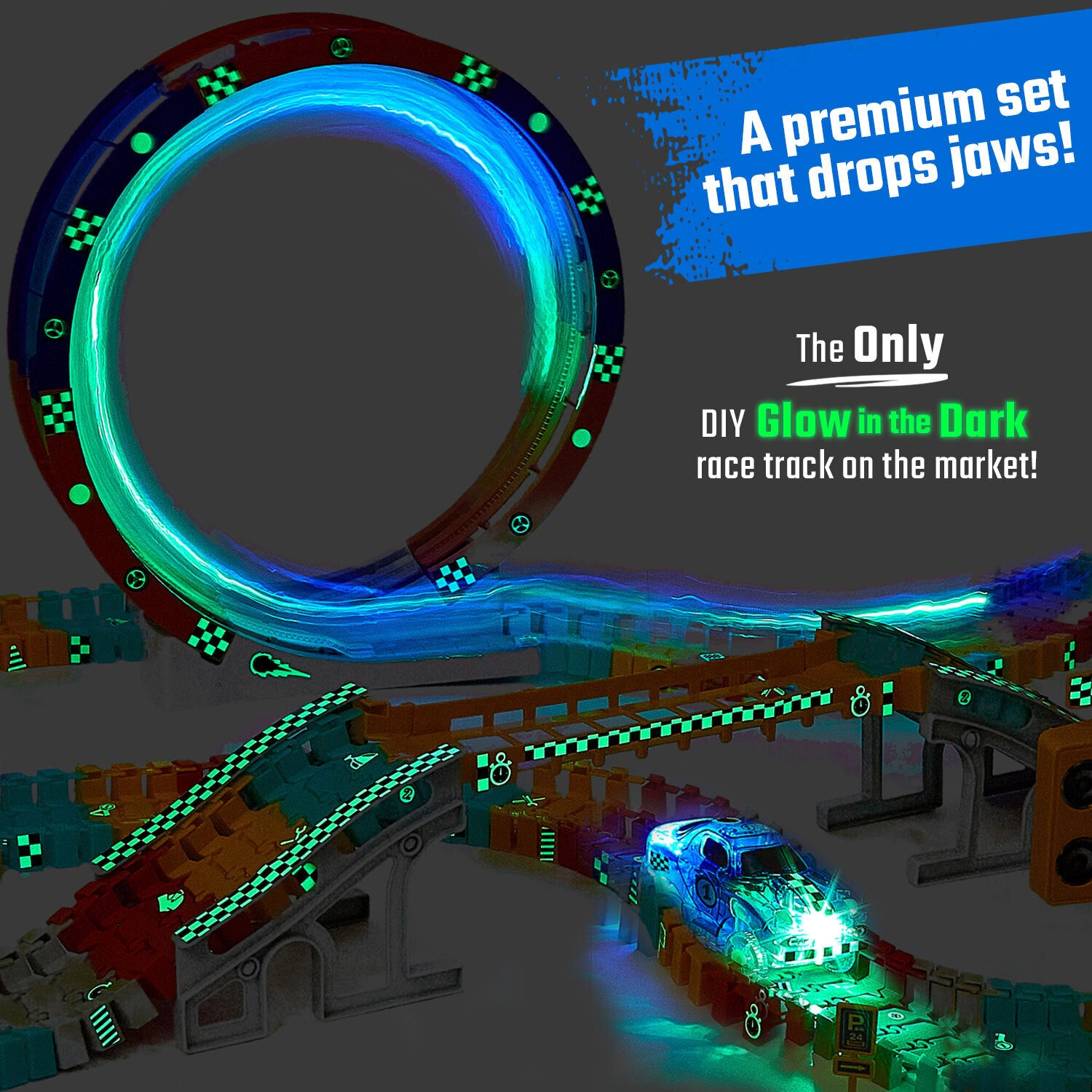 JitteryGit Kids Glow Race Track Set - 182-Piece Track with Loop, Bridge & Glow Stickers